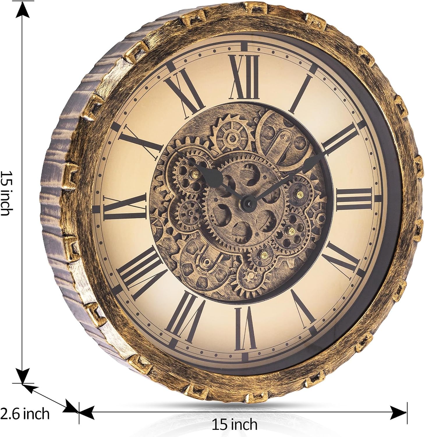 Moving Gears Wall Clock, 15 Inch Modern Gear Rotating Wall Clock Old Style Rustic Unique Vintage Industrial Clock for Living Room Decor Home Farmhouse (Vintage Copper)