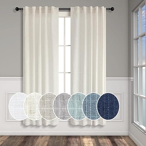 Cortinas de lino natural de 38 pulgadas de ancho para puerta de cocina, 2 paneles con bolsillo para barra de cortina, pestañas traseras, cortinas