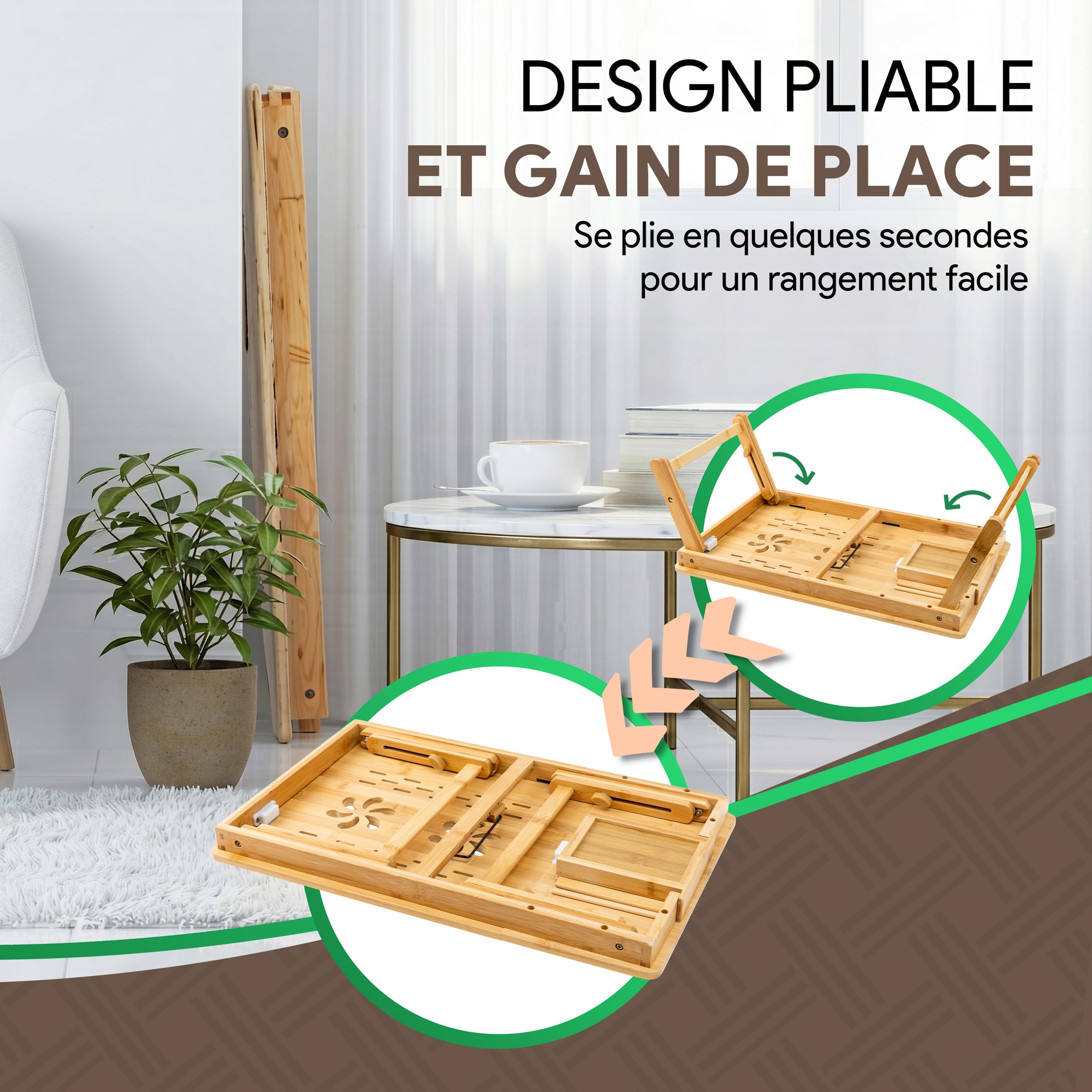 Table de Lit pour Ordinateur Portable – Bureau de Lit Réglable en Bambou avec Tiroir, Tapis de Souris et Organisateur de Câbles – Table PC Portable Pliable pour Lit et Canapé