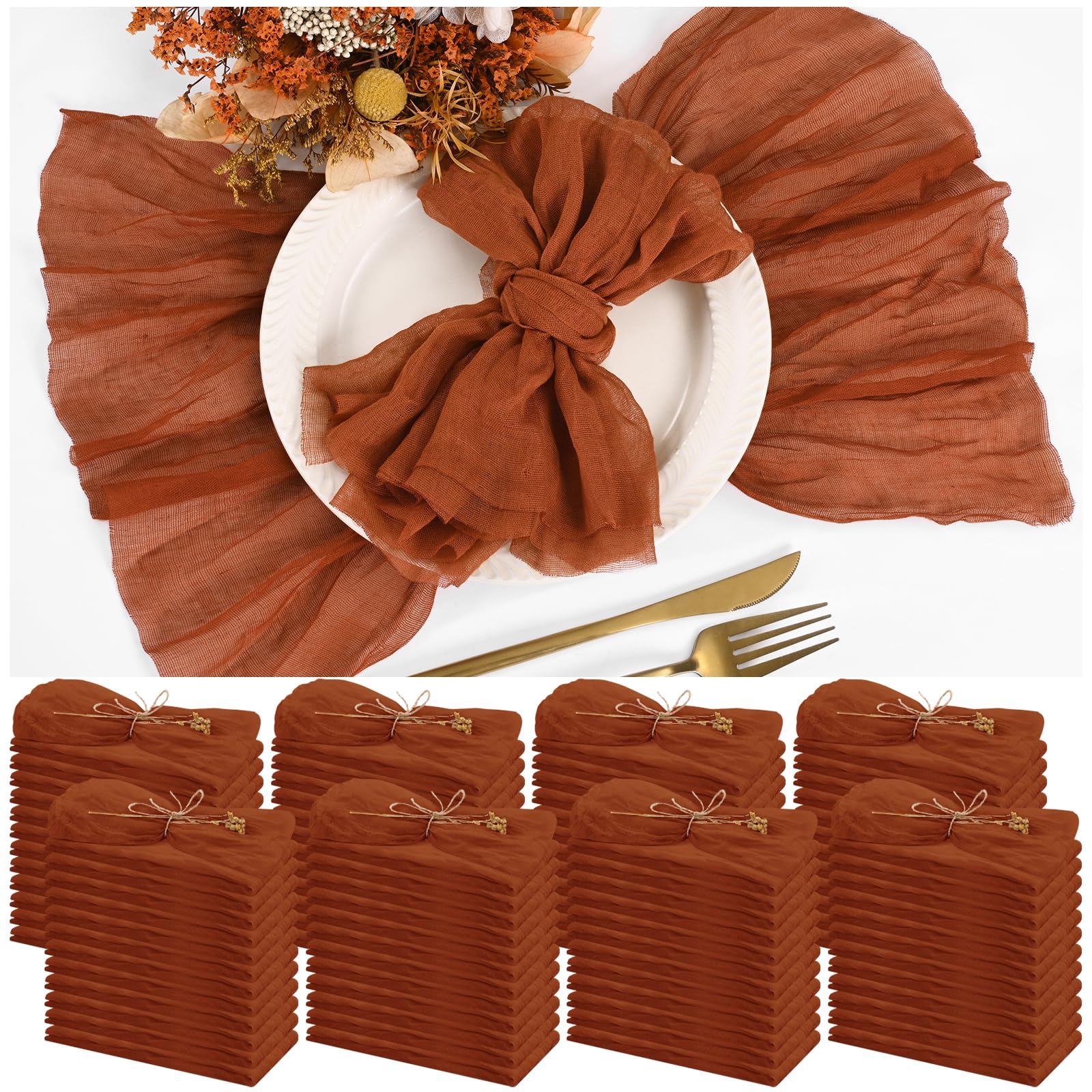 100 Serviettes en Tissu Terre Cuite pour dîner – Serviettes en Mousseline pour Mariage, froissées, lot pour fêtes Maison, déco Table Rustique, 43 x 43 cm
