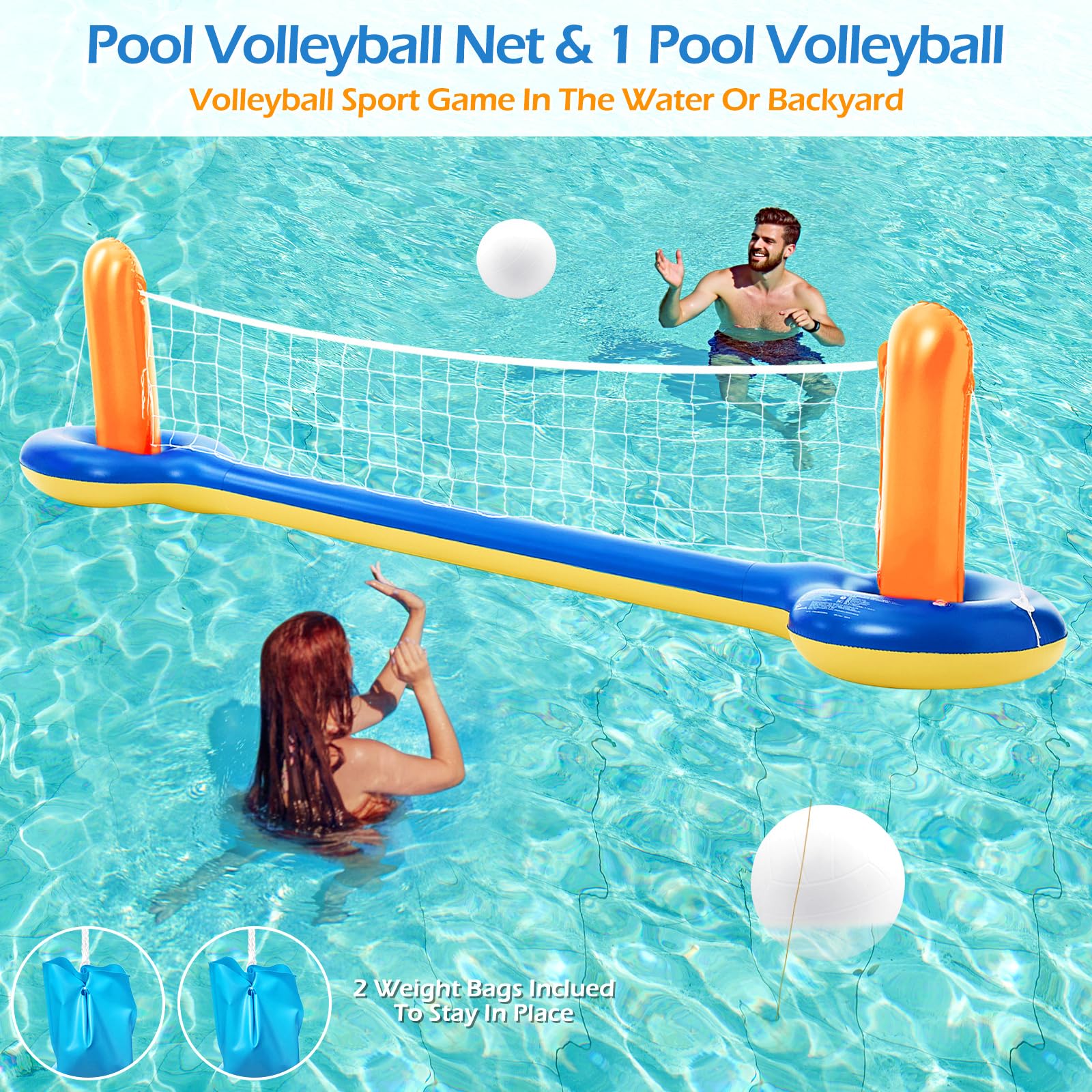 Jasonwell 3-in-1 aufblasbares Volleyballnetz Basketballkörbe-Set Blau Gelb L
