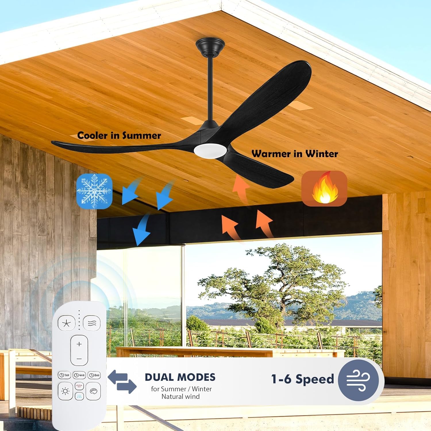 Ventilatori Da Soffitto Per Esterni In Legno Nero Da 178 Cm Con Luce, Moderno Ventilatore Da Soffitto A 3 Pale Con Telecomando, Motore Cc Silenzioso Reversibile
