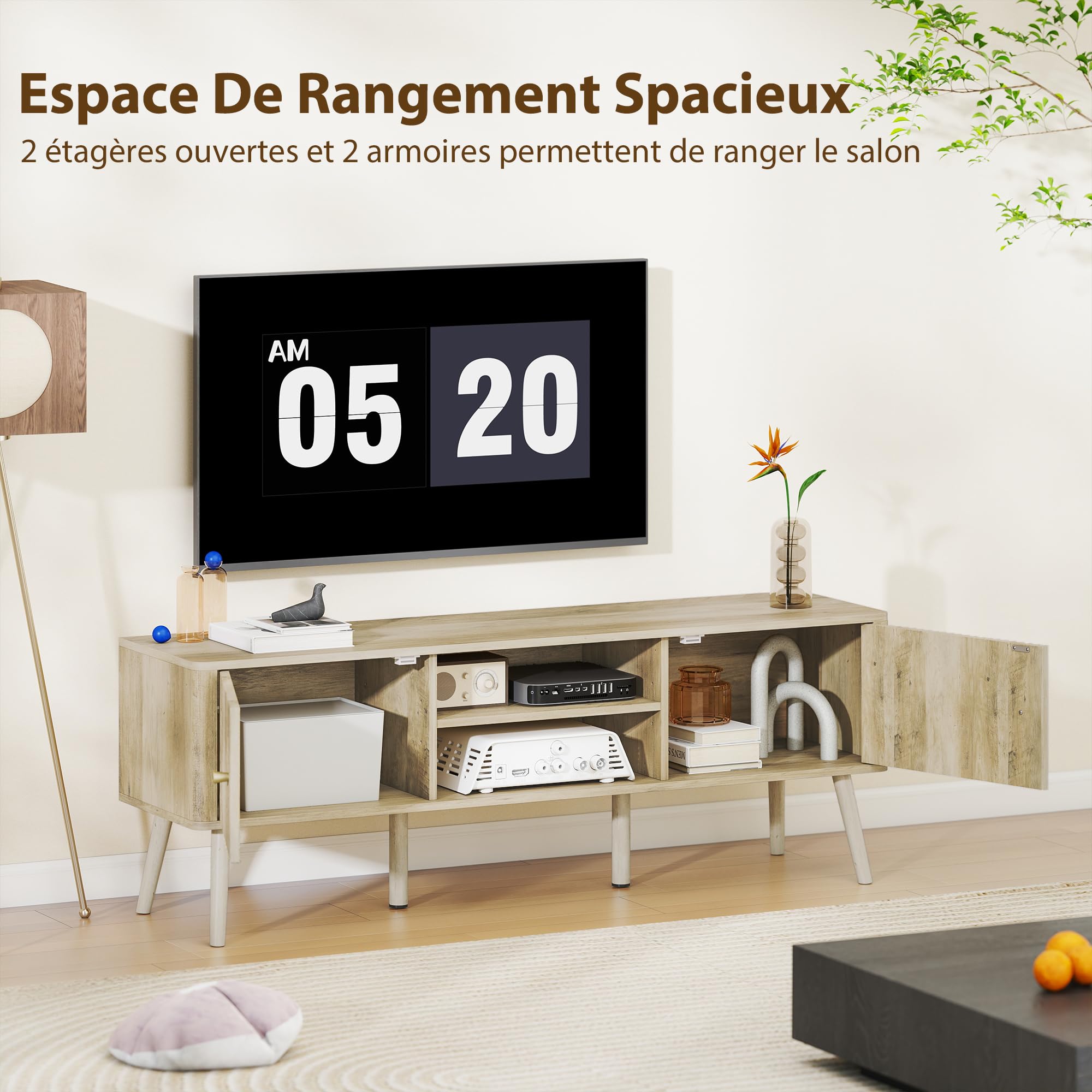 HOMCOM Meuble TV 140 cm, Meuble télé pour téléviseur jusqu'à 65 Pouces avec 2 Portes, 2 Compartiments Ouverts, étagère réglable et Pieds en pin, Banc TV pour Salon, Chambre à Coucher, chêne