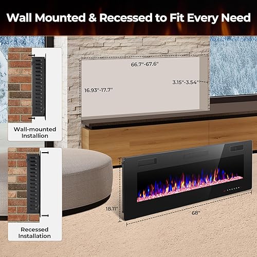 Vista 9 de Insertos de chimenea eléctrica de 50 pulgadas, empotrados en la pared y montados en la pared, calentador ultrafino con temporizador, efecto de llama