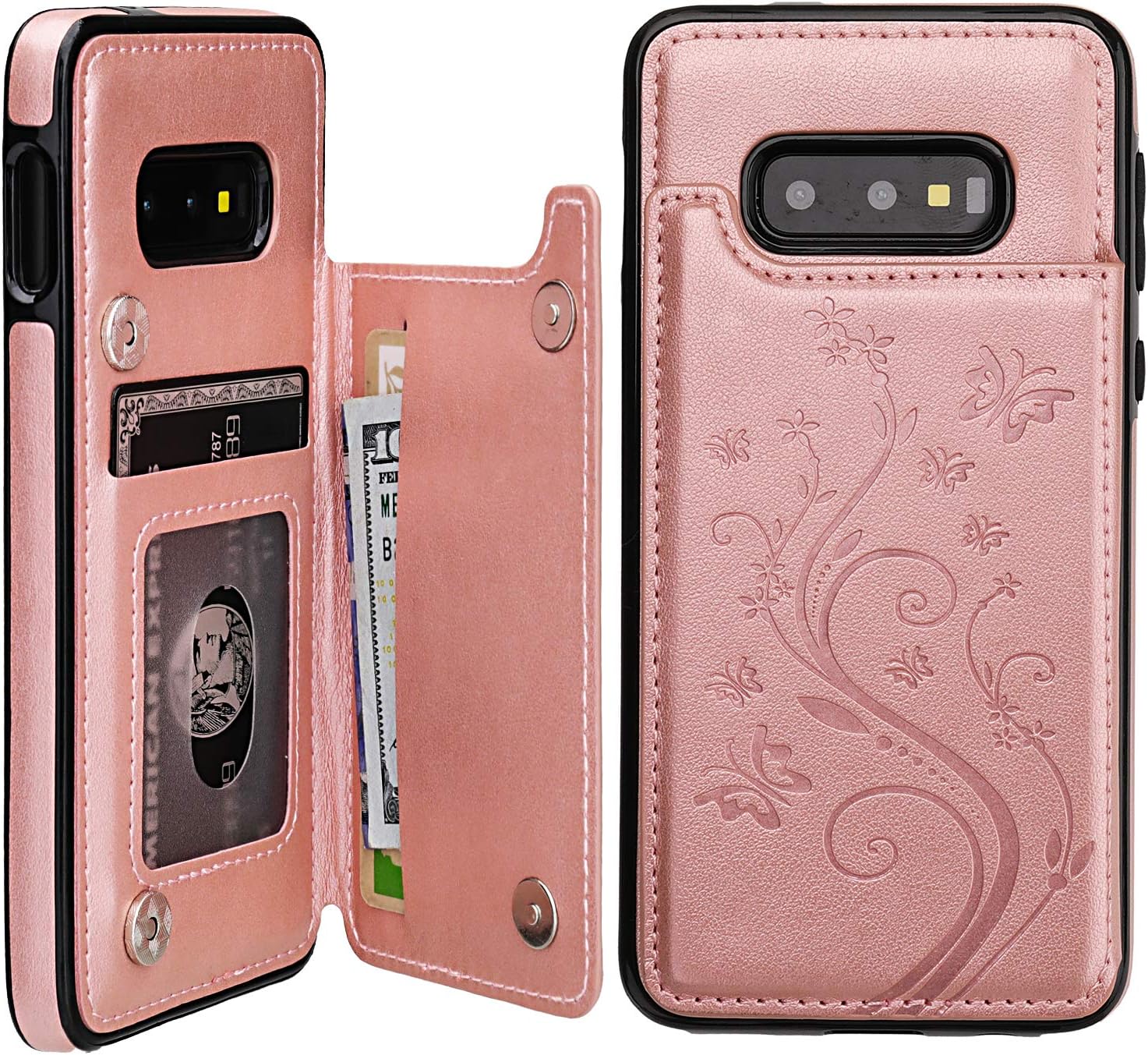 Vaburs S10e Case Wallet with Card Holder, Embossed Butterfly Premium PU Leather Double Magnetic Buttons Flip Shockproof Protective Case Cover for Samsung Galaxy S10e(Butterfly Rose Gold)