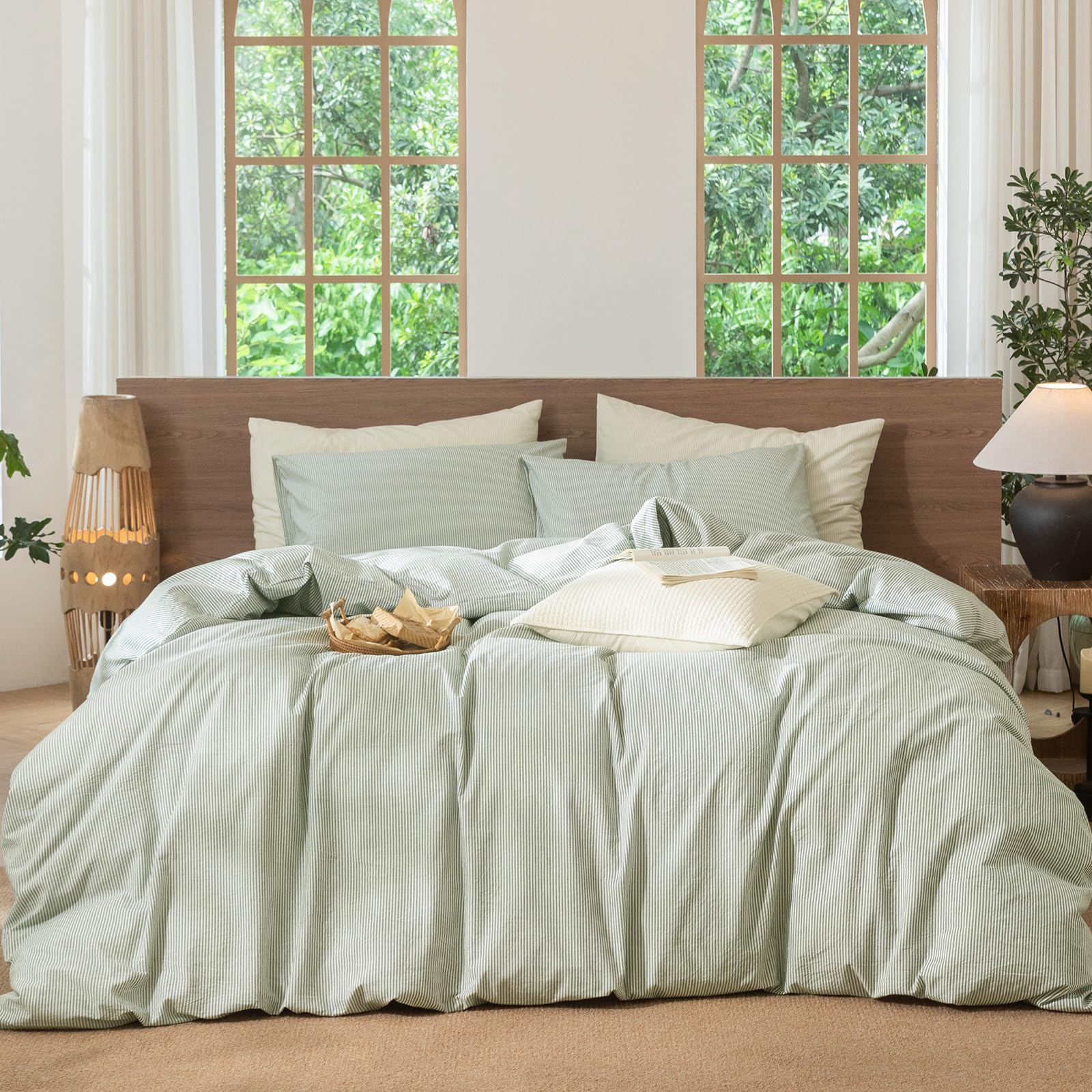 moomee striped duvet cover set 100% washed cotton linen like textured breathable durable soft comfy (sage green white pinstripes, twin 68"x90")