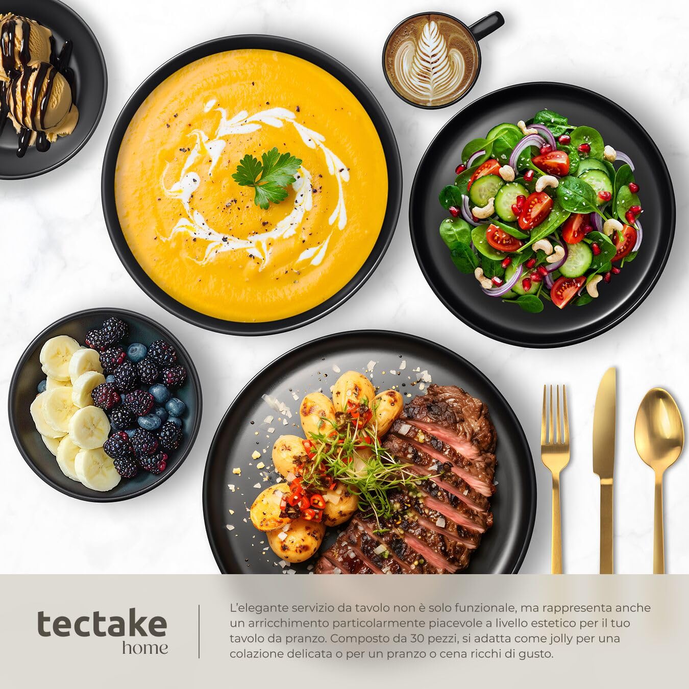 tectake®, Set cucina completo, 45 pezzi, set servizio piatti per 6 persone, per microonde, moderni, 6 ciotole, tazze, 18 piatti eleganti, 2 pentole, casseruole, padelle antiaderenti, coperchi - Nero