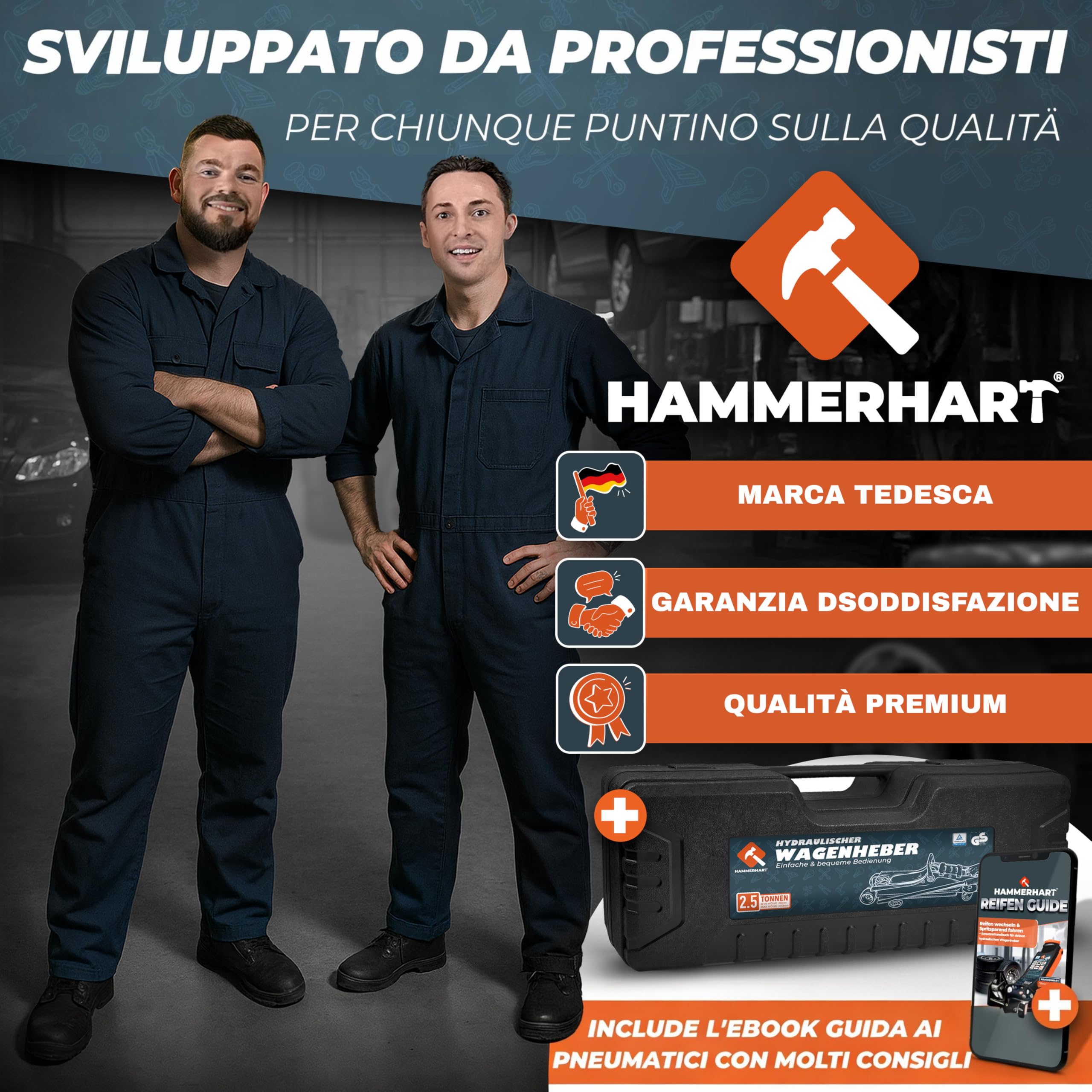 Cric per auto 2,5 tonnellate | Sollevatore auto certificato TÜV con altezza di sollevamento da 85 a 384 mm | Cric idraulico premium con ruote a 360° e doppio pistone | Cric supporti in gommae valigett