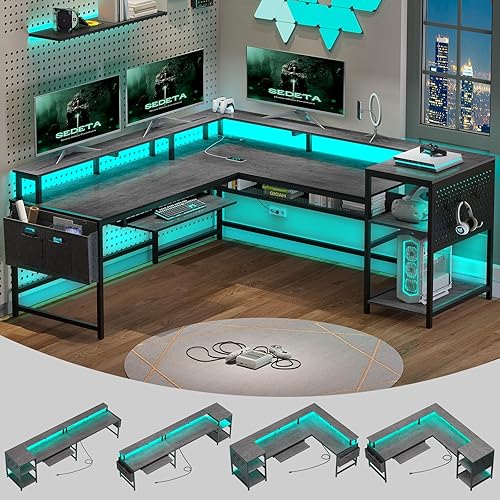 SEDETA L Shaped Gaming Desk, Convertible 96" Home Office Desk or Corner Desk, L Shaped Table with Power Outlets & LED Strip, Monitor Stand, Keyboard Tray, Pegboard and Storage Shelves, Grey - Grey