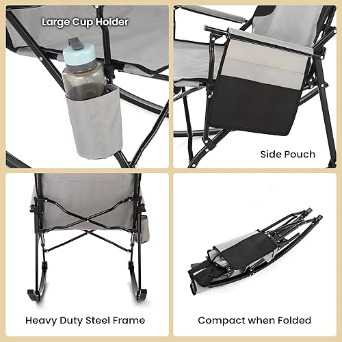 Miniatura 5 de ARROWHEAD OUTDOOR Silla mecedora plegable con portavasos grande, bolsillo lateral, plegable que ahorra espacio, balancín mejorado para campamento,