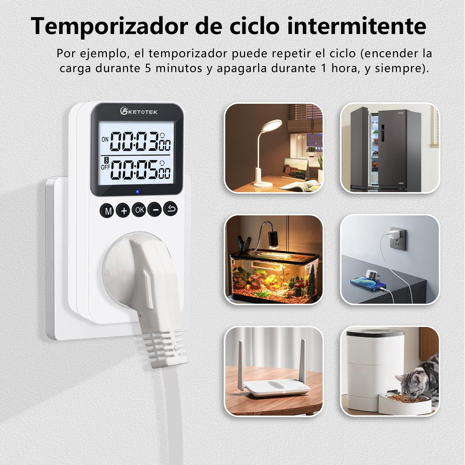KETOTEK KTTS02 Temporizador digital con retroiluminación, interruptor de ciclo continuo, cuenta regresiva, temporizador interno para lámparas, acuario (16 A, 230 V, 3680 W)