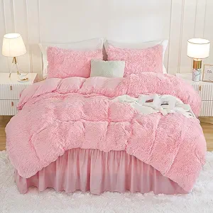 Andency Faux Fur Pink Comforter Set King Size, 3 Pieces Fluffy Fuzzy Plush Bedding Comforter Set (1 Shaggy Velvet Comforter & 2 Pillowcases), Soft Puffy Comfy Down Alternative Comforter Bedding Set