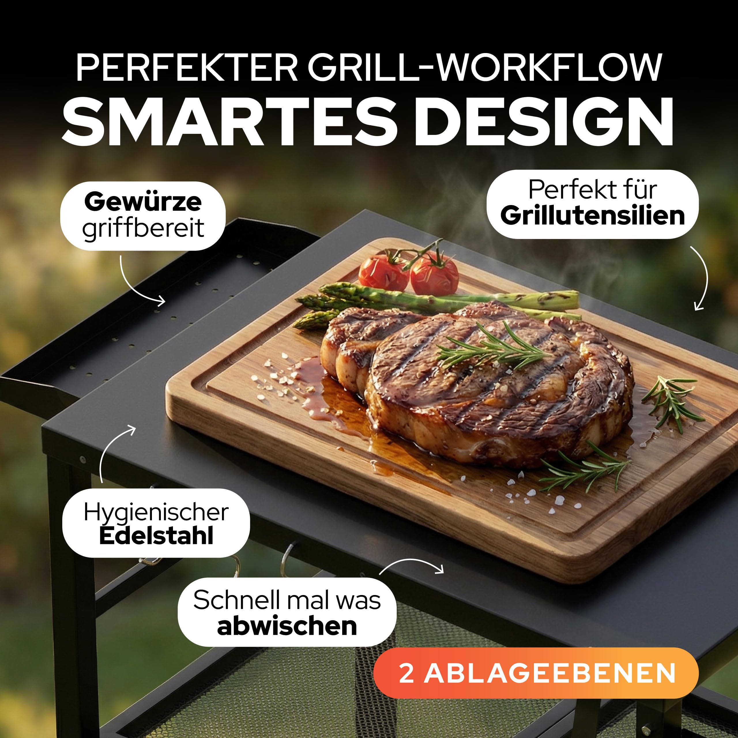 GRILLMATE Grilltisch Outdoor Wetterfest Klappbar | Grillwagen, Servierwagen, Tisch für Weber Grill, Gasgrill, Pizzaofen | Beistelltisch für Balkon Rostresistent, Portabel | JETZT NEU (Edelstahl)