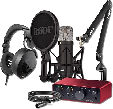 Rode NT1 Signature Black Cardioid Condenser Microphone Bundle with Focusrite Scarlett Solo 4G, NTH-100 Headphones, and PSA1+ 4 dBA XLR Studio Mic for Singing, Vocal Recording, Voice Over