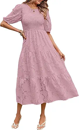 MEROKEETY Women's 2023 Summer Puff Sleeve Smocked Floral Dress Crewneck Lace Flowy Tiered Midi Dresses