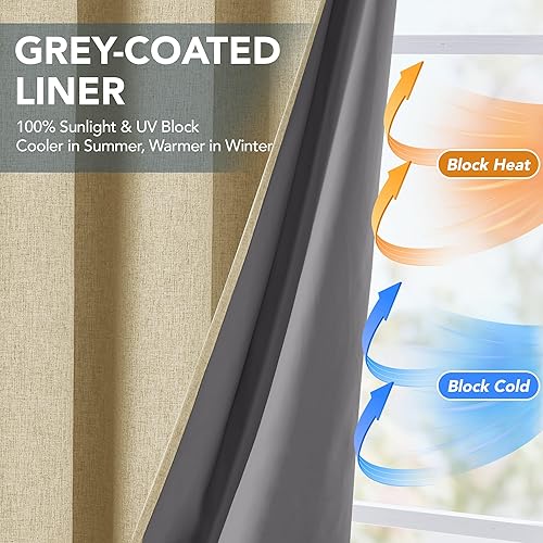 Miniatura 4 de Deconovo Cortinas 100% opacas con aspecto de lino, cortinas de revestimiento con ojales con aislamiento térmico para dormitorio y sala de estar,