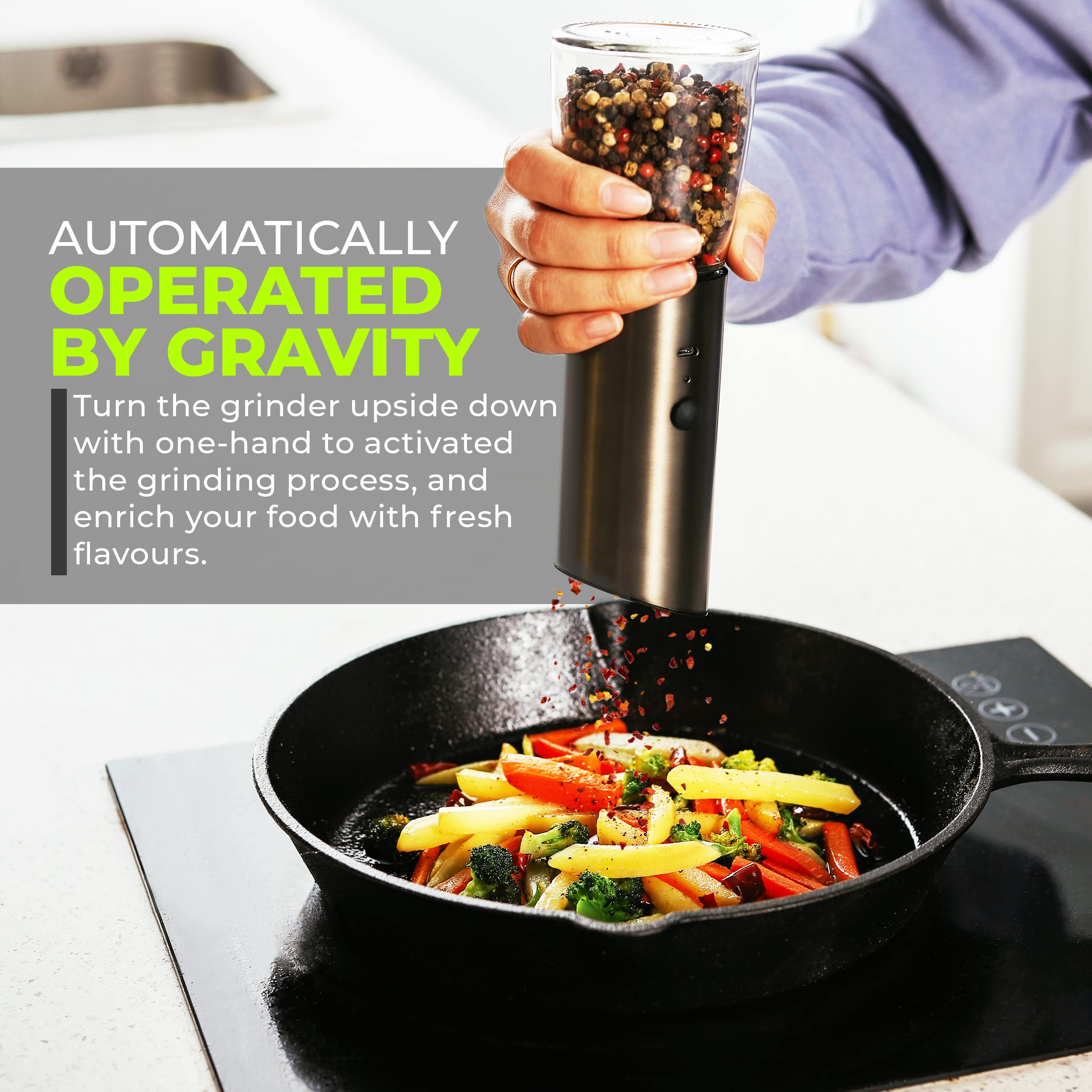 Grind Gourmet Automatic Electric Salt & Pepper Grinder Set - USB Rechargeable, Adjustable Coarseness, One-Handed Gravity Operation, Stainless Steel - View #9