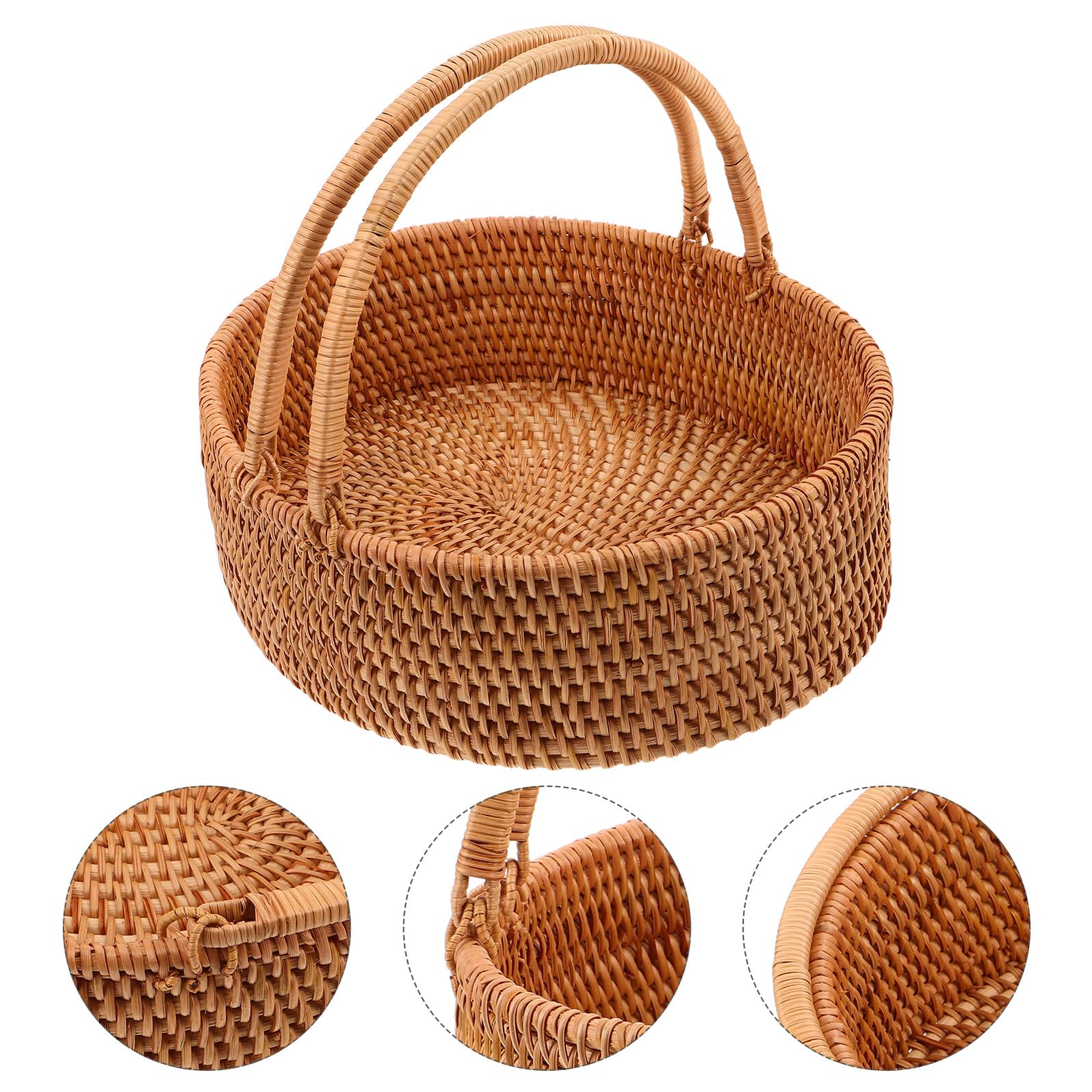 Veemoon Cesta de Ratán Tejida a Mano con Asa Cesta Organizadora Grande para Picnic Almacenamiento de Frutas para Cocina y Hogar Color Marrón Claro