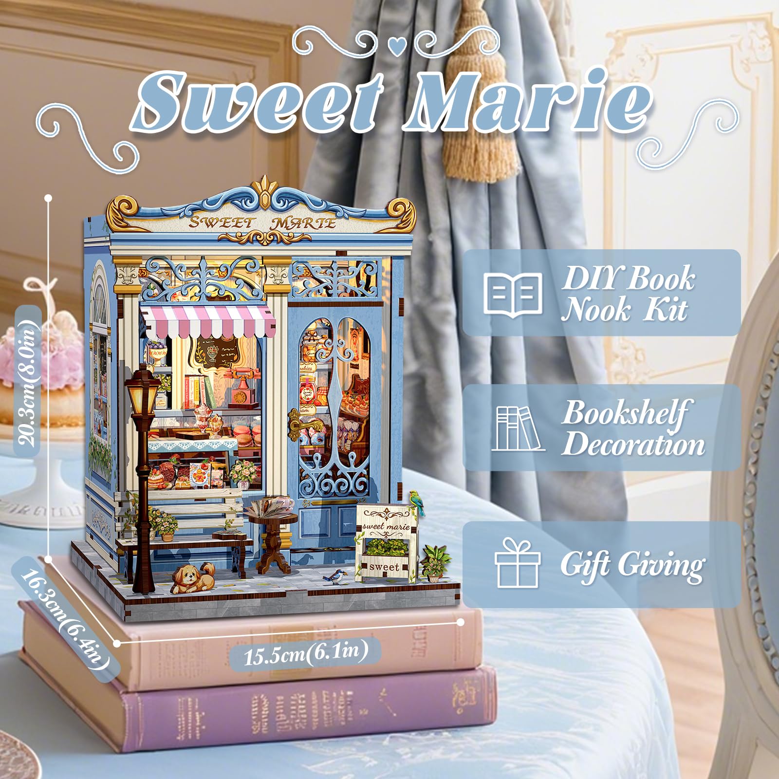 Fsolis Book Nook Patisserie – Puppenhaus Bausatz für Jugendliche ab 14 Jahren – 3D Puzzle zur Dekoration von Bücherregalen und Zimmern (Sweet Marie)