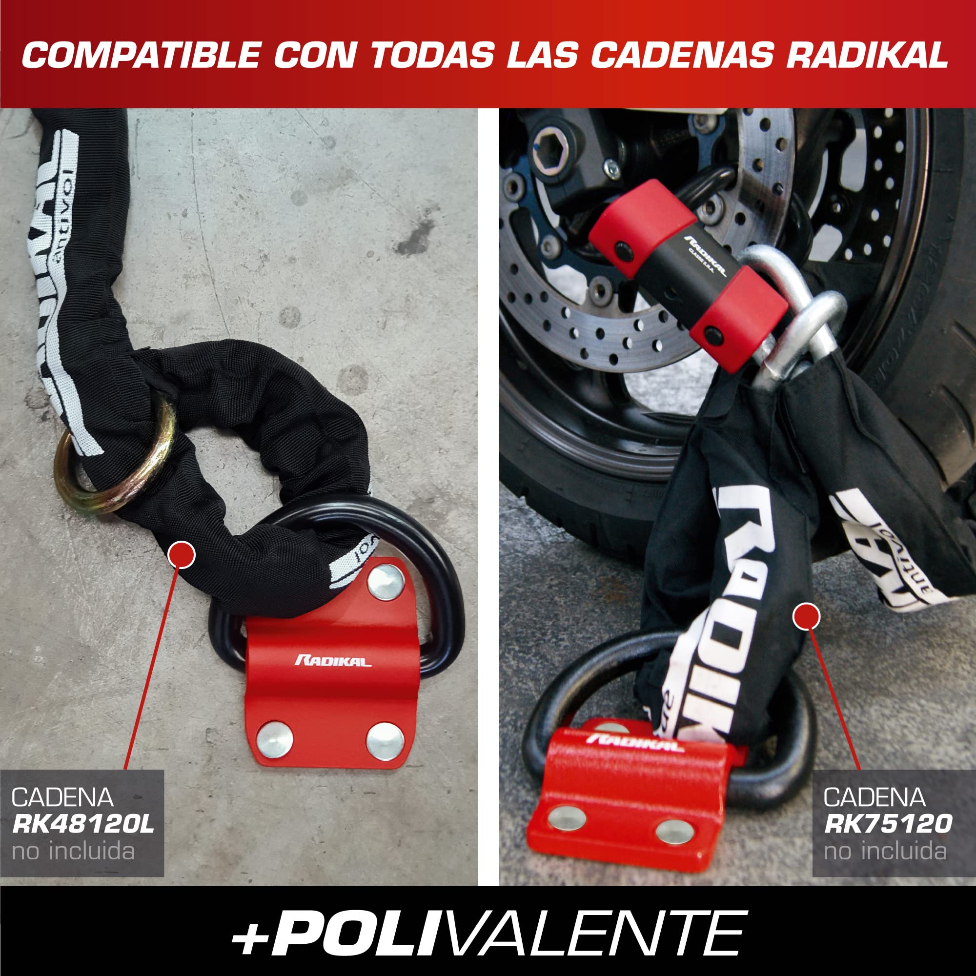 RADIKAL RK60 Anclaje Suelo Pared XXL Premium con Anilla Basculante de ø20mm para 2 Cadenas, Acero Máxima Resistencia y Tacos Blindados, Antirrobo Seguridad Universal para Anclar Moto Garaje Parking