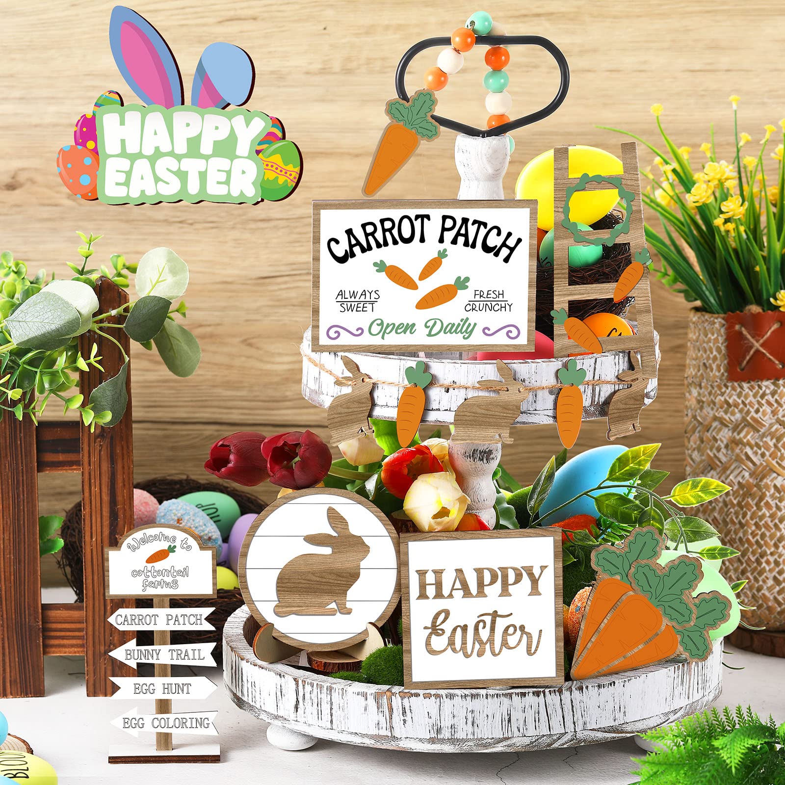 Condition photo showing New/Like New for jetec 12 pcs easter tiered tray decor wooden carrot patch bunny egg tiered tray items happy easter signs for spring home farmhouse rustic kitchen decorations (wooden bunny)