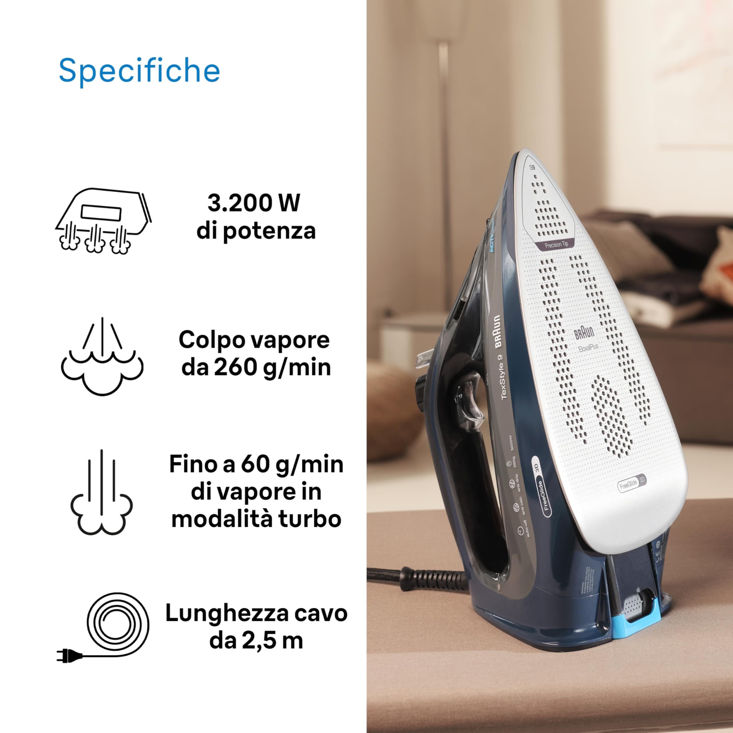 Braun TexStyle 9 SI9682DB Ferro da Stiro a vapore con 5 Anni di Assistenza, Colpo Vapore 260g/min, Modalità ECOMODE Risparmio Energetico, Piastra Freeglide 3D Eloxalplus, Serbatoio 330ml, Blu