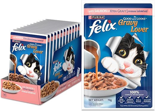 Purina Felix Gravy Lover, Tasty &amp; Real Meaty Salmon Chunks, Wet Cat Food, Balanced Nutrition, 24 Months, Pack of 12 Pouche...