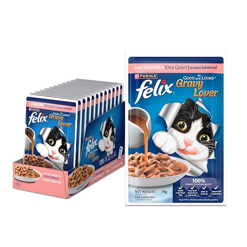 Purina Felix Gravy Lover, Tasty & Real Meaty Salmon Chunks, Wet Cat Food, Balanced Nutrition, 24 Months, Pack of 12 Pouches (12x70g)