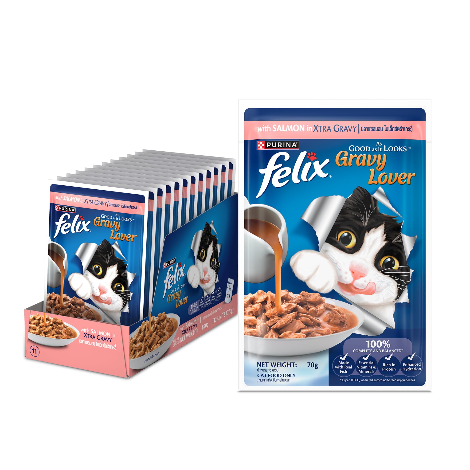 Purina Felix Salmon Gravy Lover, Wet Adult Cat Food, Pack of 12 (12x70g)