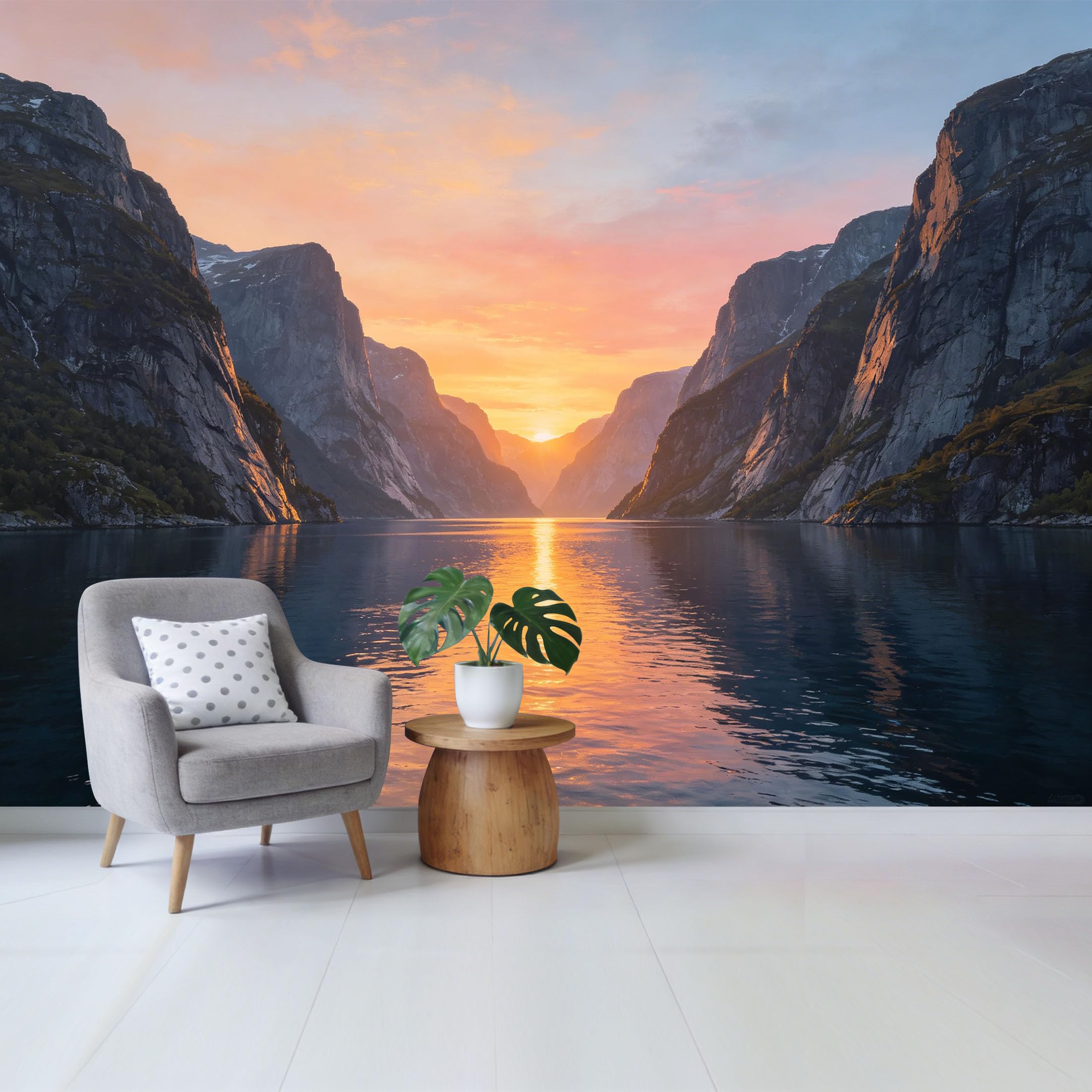 Custom Size Wall Mural Mountain Lake Sunset Landscape with Fjord Reflection Removable Self Adhesive Fabric， Home Wall Decor for Living Room Bedroom Bathroom