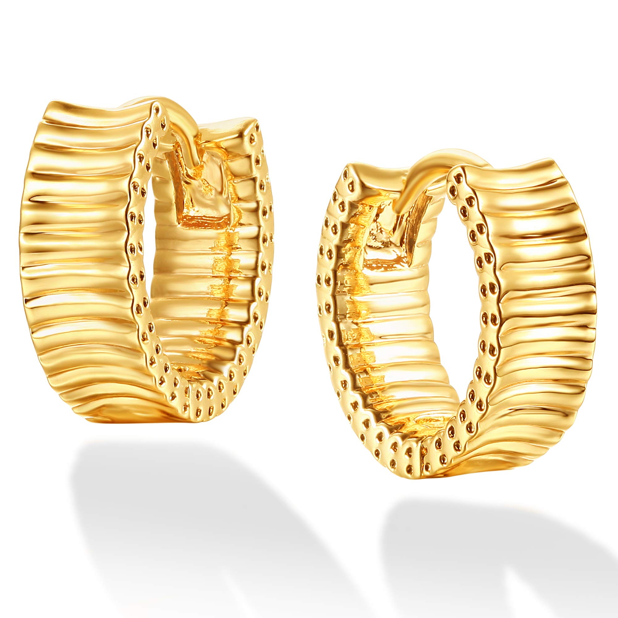 Dremmy Studios Dainty CZ Huggie Hoop Earrings 14K Gold Plated Chunky Simple Cute Thick Round Frill Bead Ball Starburst Cuff Earrings Cubic Zirconia