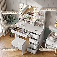 Vista 5 de Furniouse Escritorio de tocador de 37 pulgadas de ancho, espejo de tocador con luces y juego de mesa con 5 cajones, juego de tocador con 3 modos