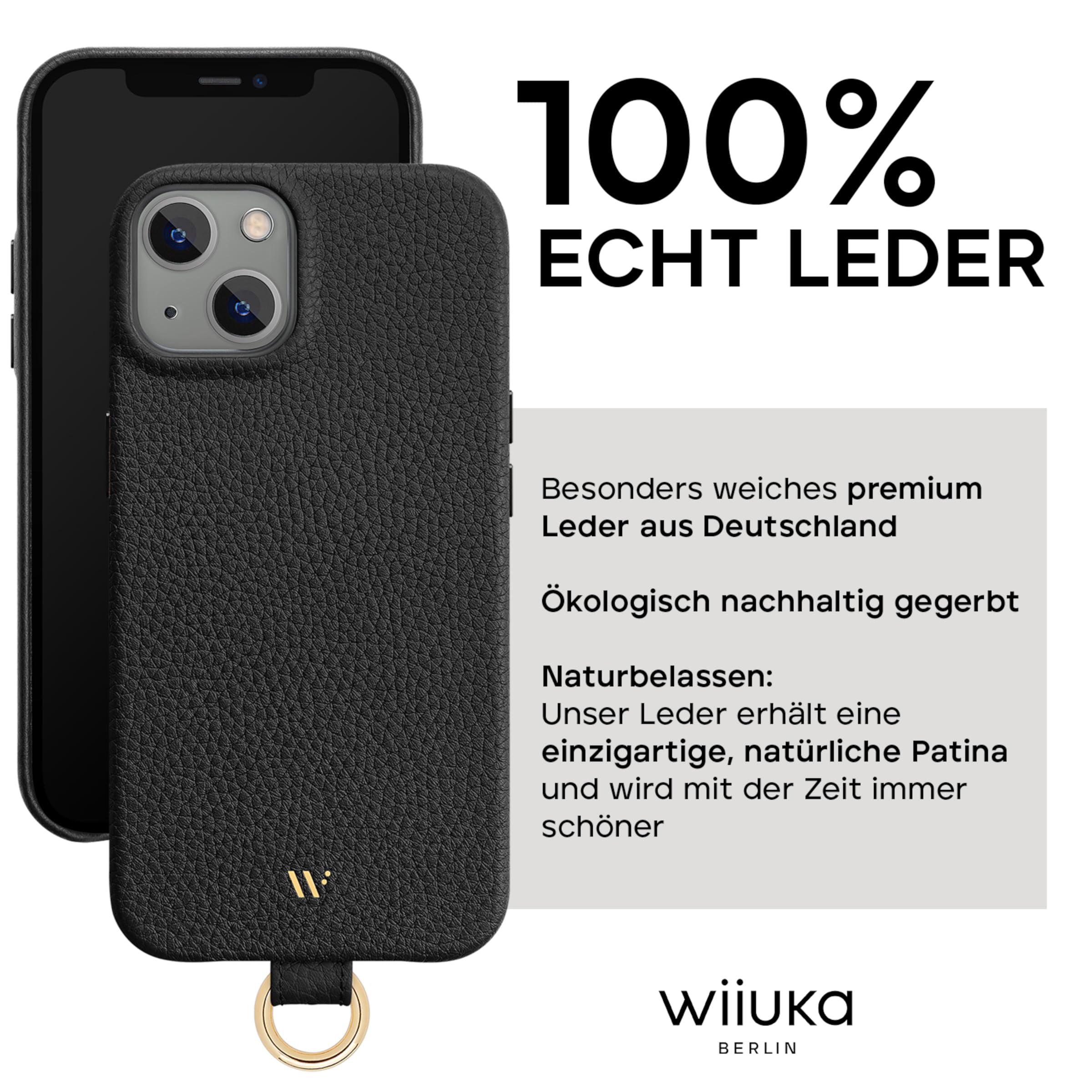 WIIUKA Hülle für iPhone 15, Leder aus Deutschland, Lederhülle Handykette, Premium Handyhülle, Case, Kette Band Umhängen, Schwarz