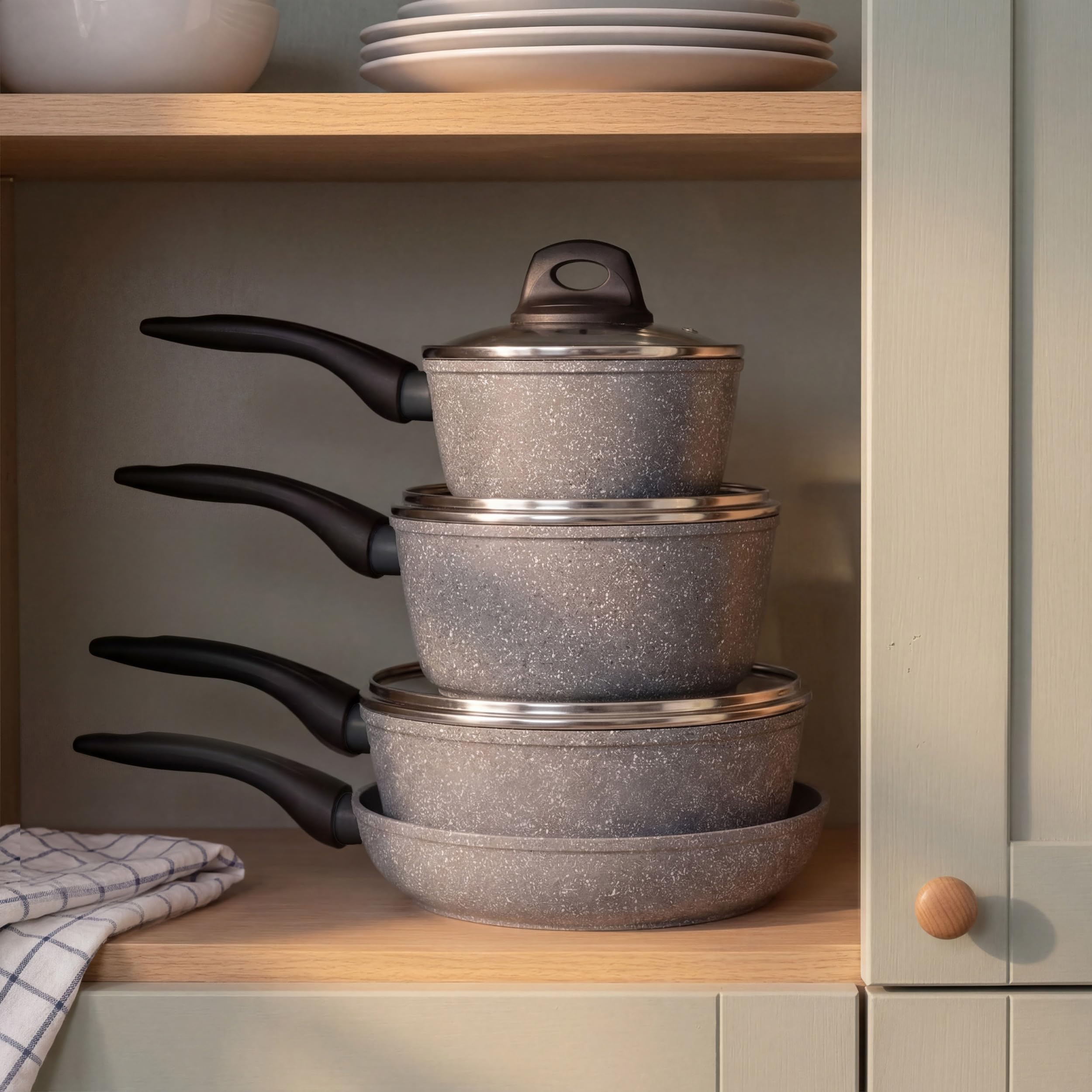 Salter Go Green Thermo Collar 4-częściowy zestaw patelni – technologia wskaźnika ciepła, bez PFAS, rondle 16, 18, 20 cm z pokrywkami i patelnią 24 cm, ceramiczne nieprzywierające, miękkie w dotyku