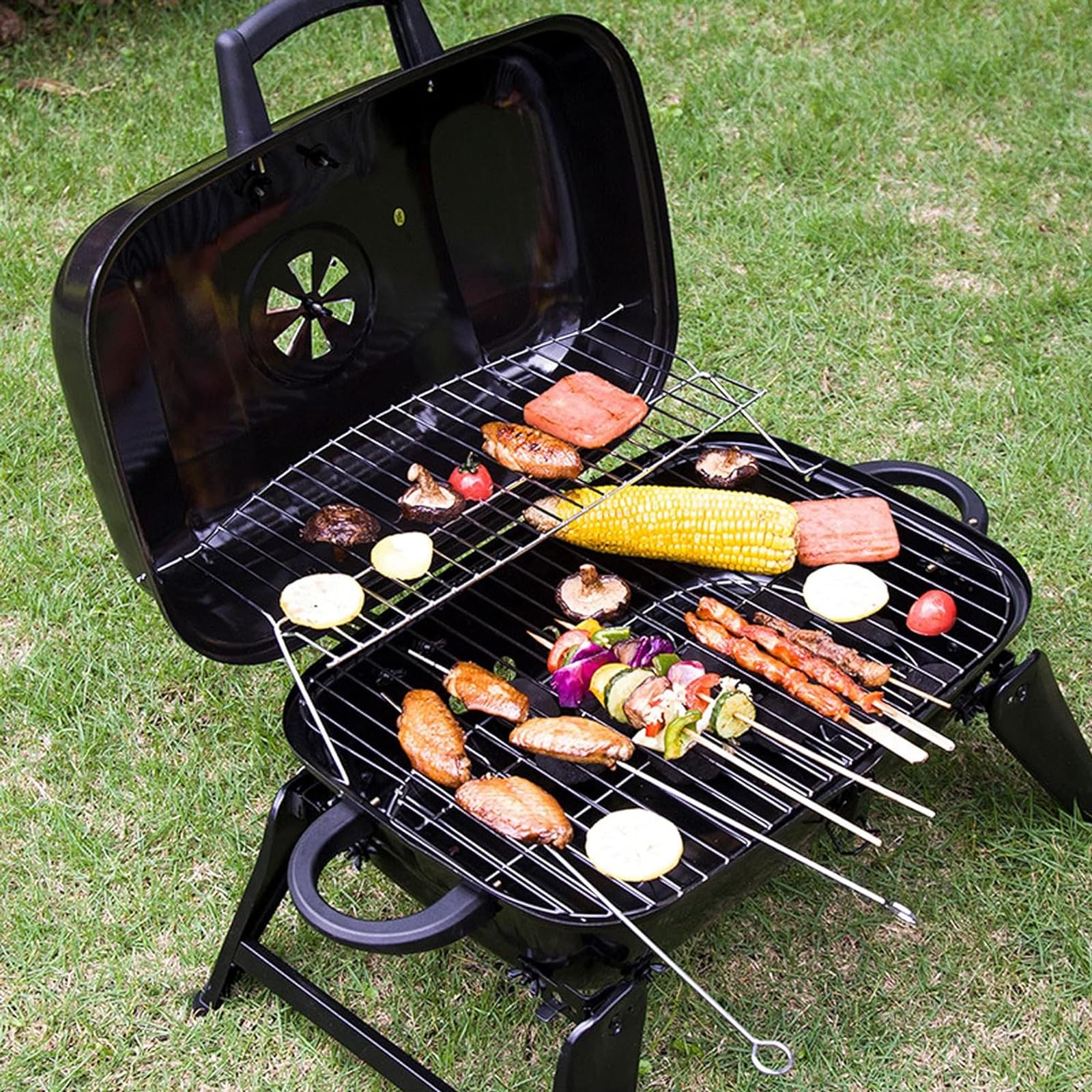 Przenośny grill Chal – składany grill stołowy na kemping i patio, czarny grill Chal do gotowania na świeżym powietrzu i użytku w ogrodzie