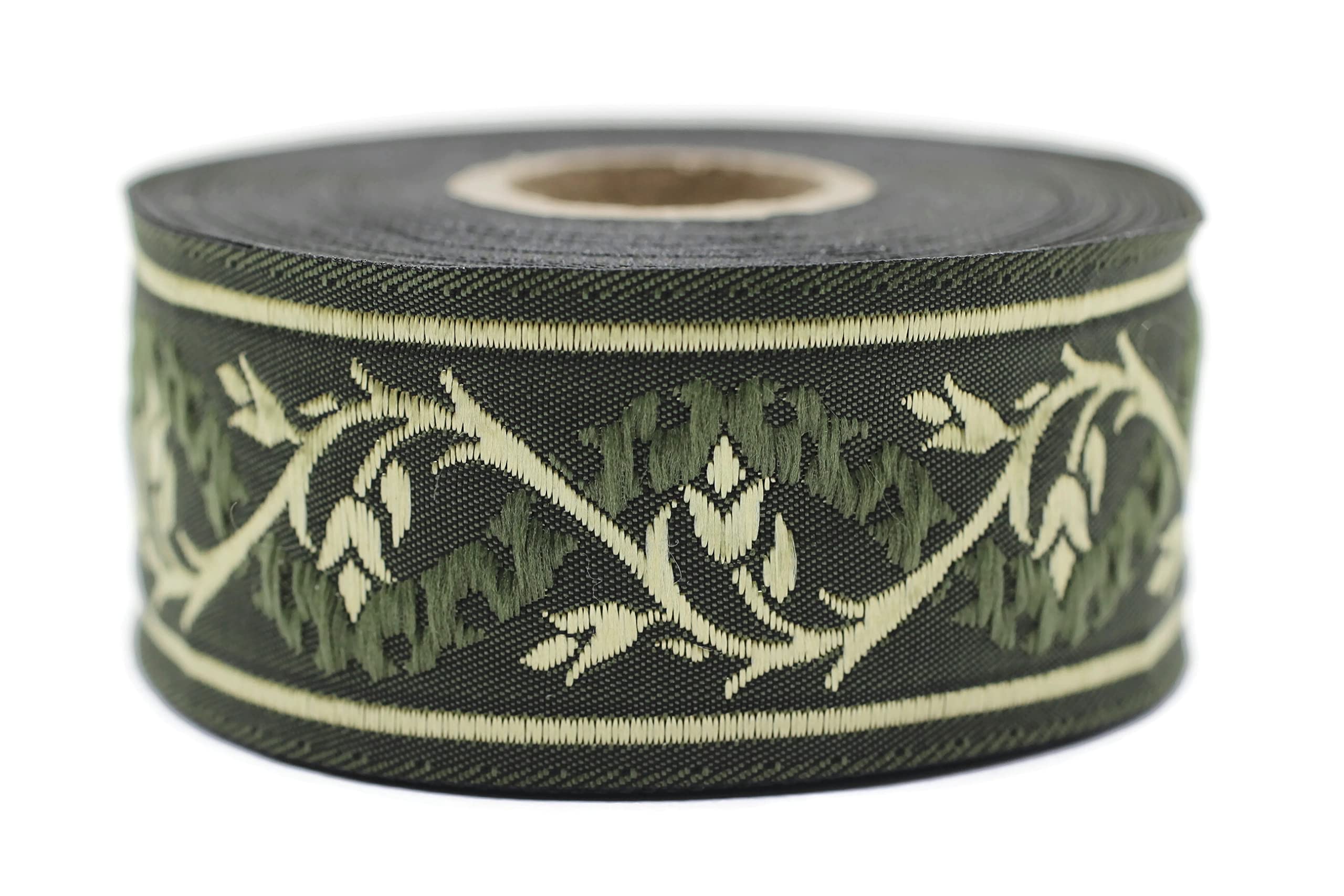 Ruban jacquard tissé vert et doré de 9.9m pour personnaliser vos coussins et rideaux rétro