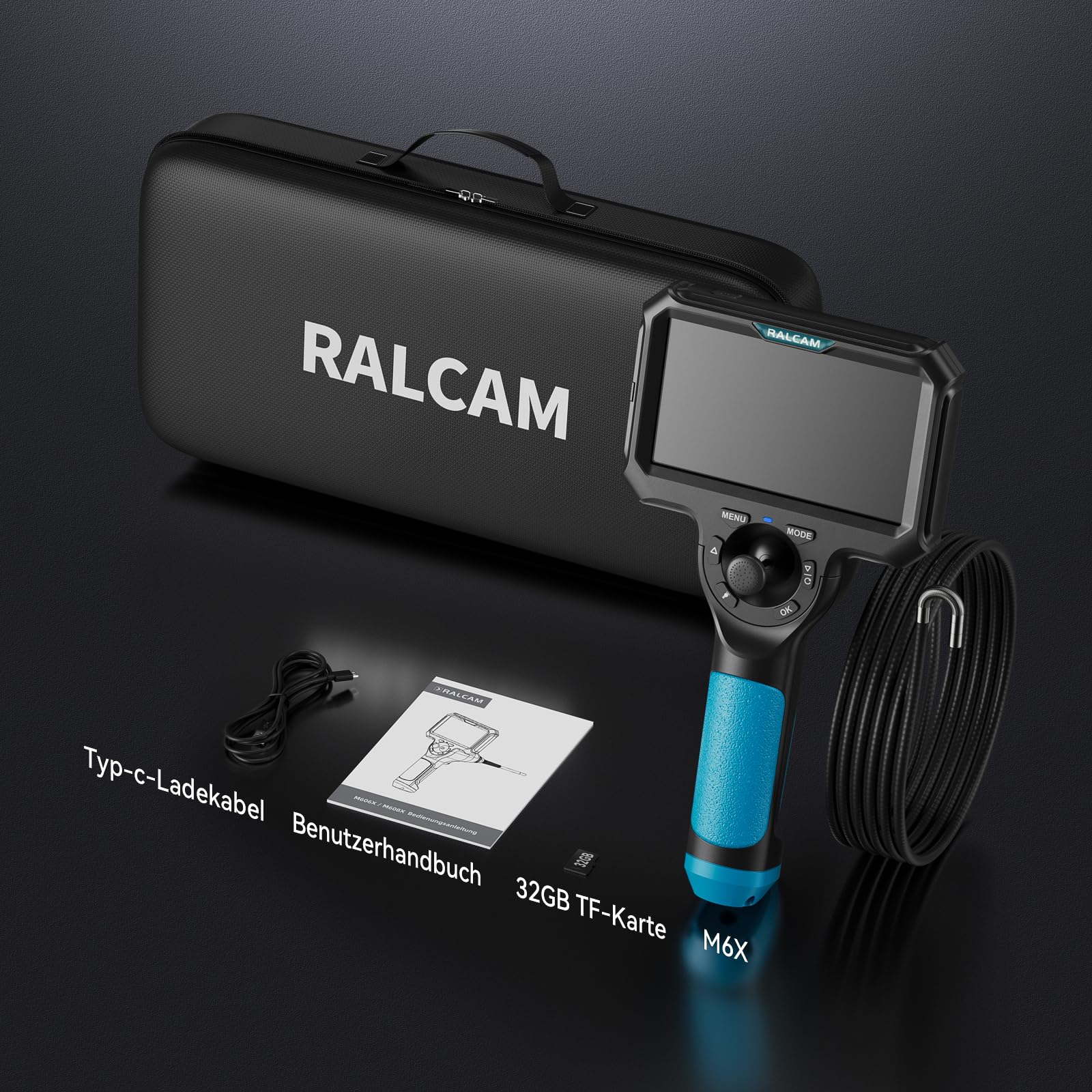Ralcam Endoskopkamera mit Licht, 360° beweglichem Kopf, 5" HD Display | 6,2mm Inspektionskamera, 6 Einstellbaren LEDs, 32GB Speicherkarte, IP67 Wasserschutz, Für Rohr- und Motorinspektionen