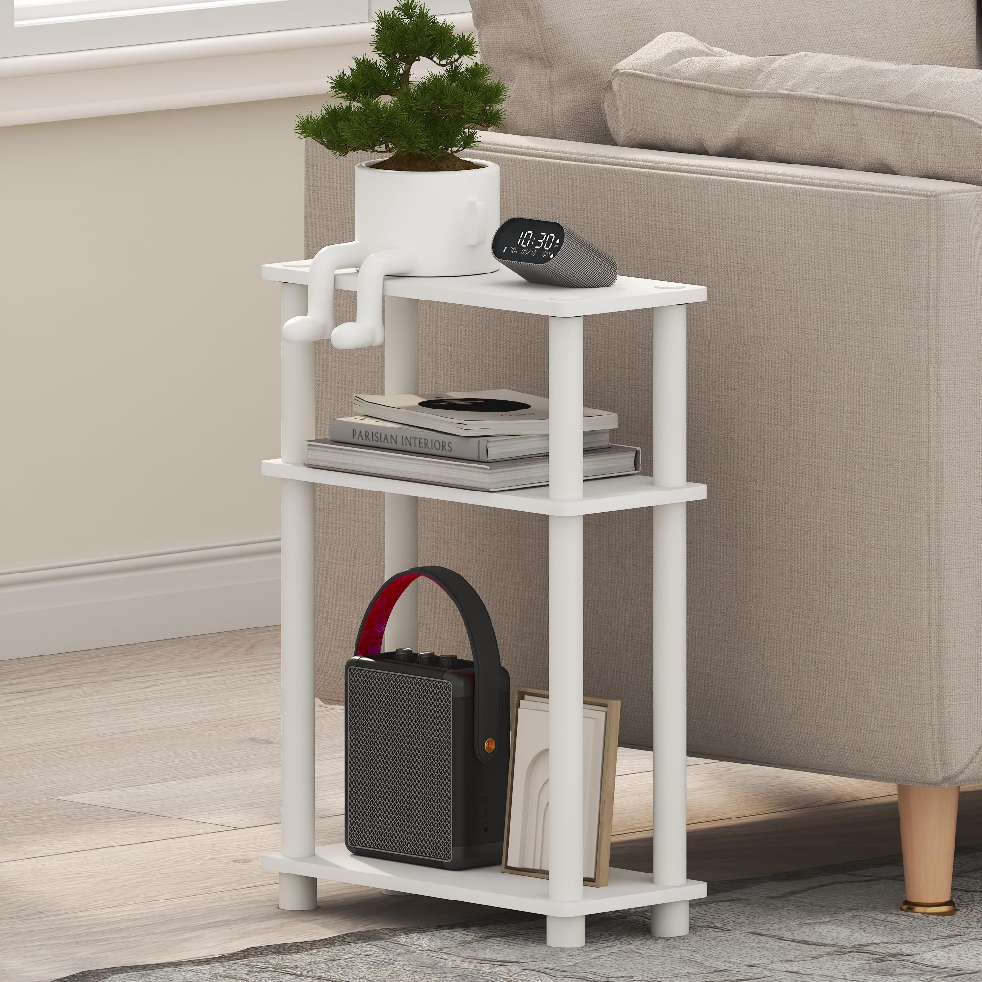 Furinno TURN-N-TUBE Narrow Side Table, 3-Tier Rectangular Modern End Table with Storage Shelf, Slim Toolless Assembly Nightstand, Night Stand, Bedside Table, for Living Room, Bedroom, White