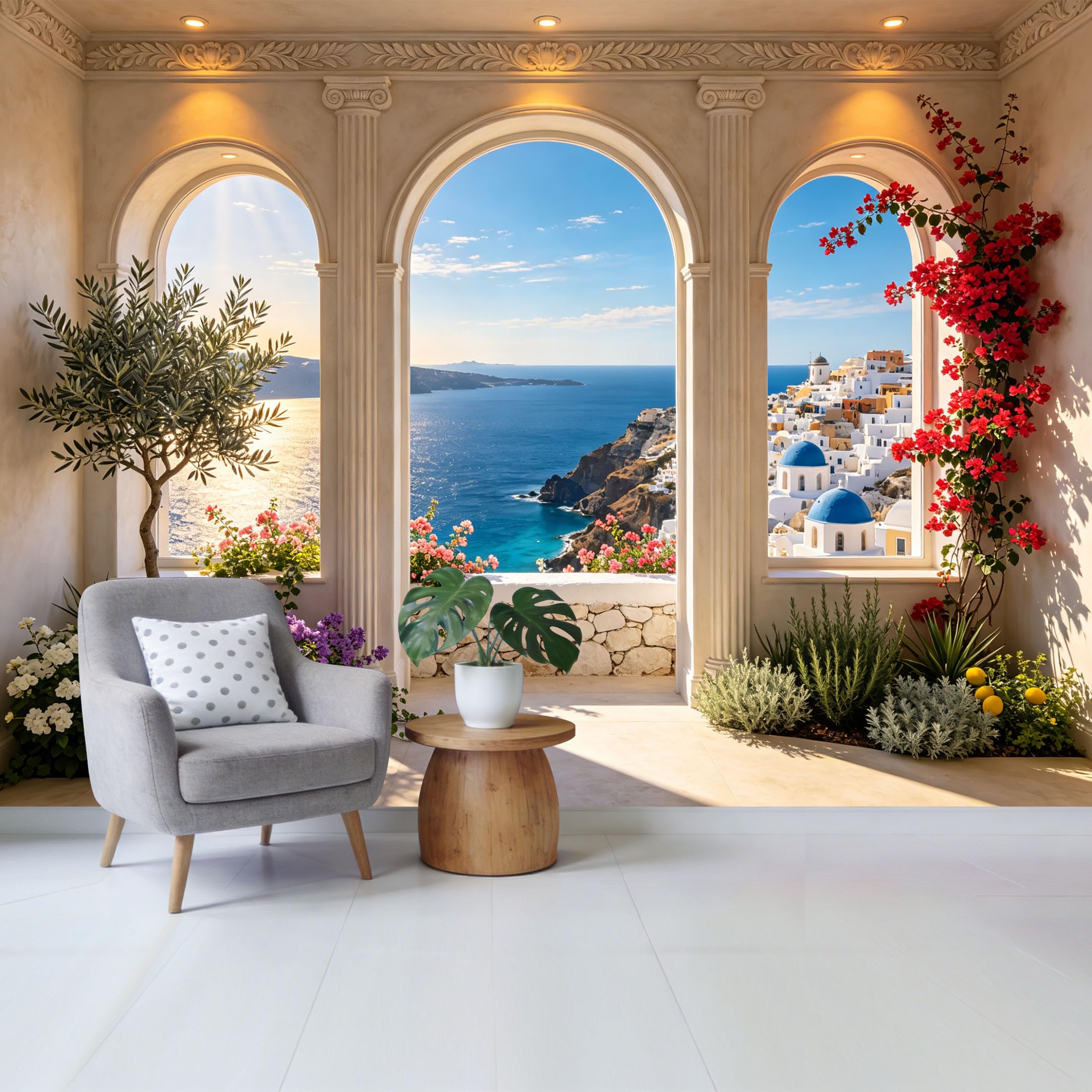 Removable Self Adhesive Fabric Mural， Mediterranean Coastal Landscape Custom Size Wall Covering， UV Protected Waterproof Washable Wall Decor for Living Room Bedroom Bathroom