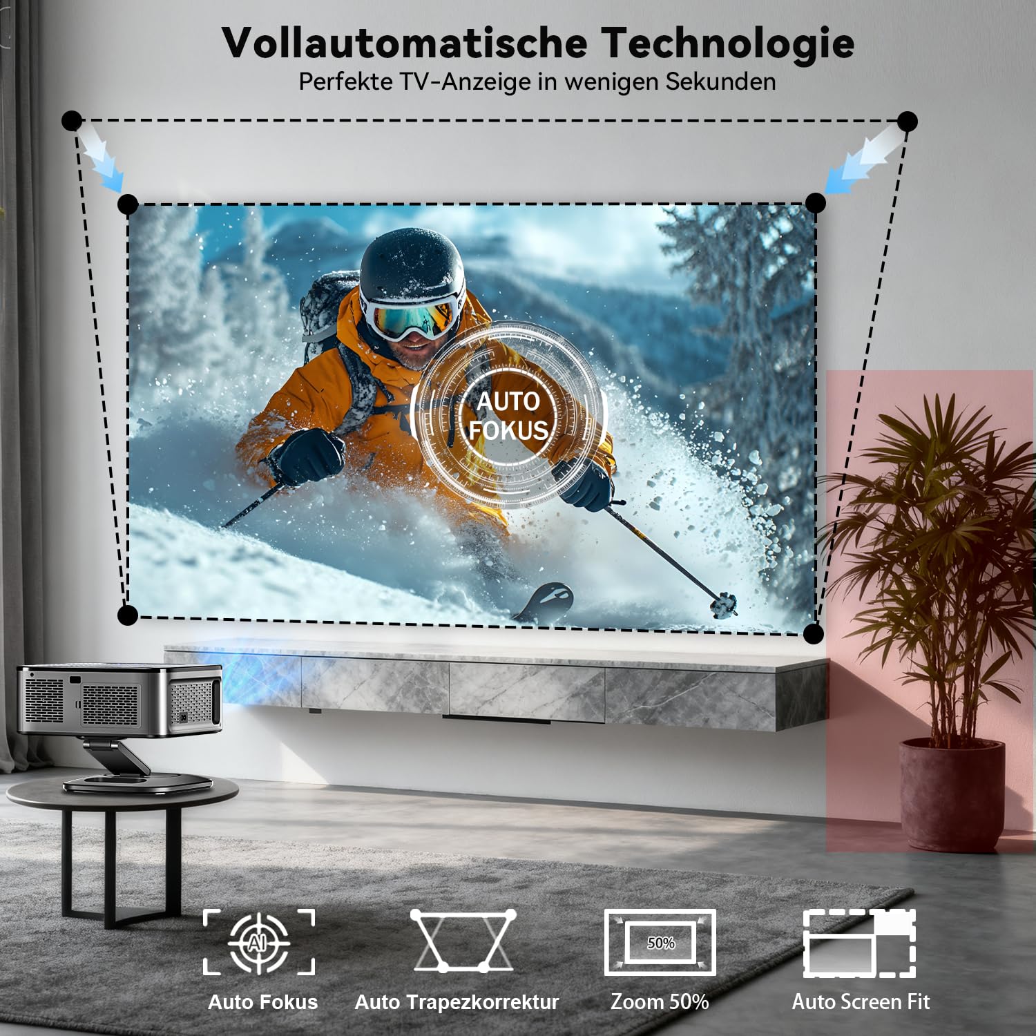 Beamer 4K【1500 ANSI & Google TV/Autofokus】 Full HD 1080P 38000 Lumen XIWBSY Smart Beamer mit WiFi 6, Bluetooth 5, Sprachassistent, Heimkino & Outdoor Projektor