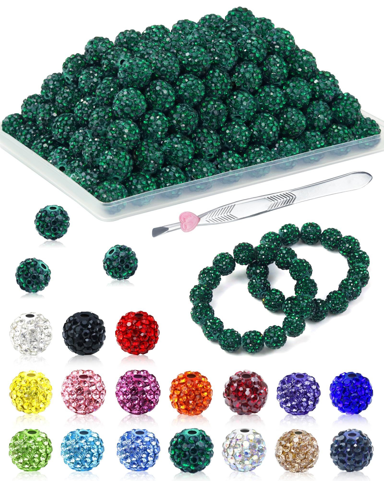 Photo 1 of 120PCS FIVEIZERO Rhinestone Beads for Jewelry Making, 10mm Emerald Shiny Round Sparkle Crystal Clay Bead Bulk Sparkly Baseball Necklace Beads for Bracelets and DIY Crafts
