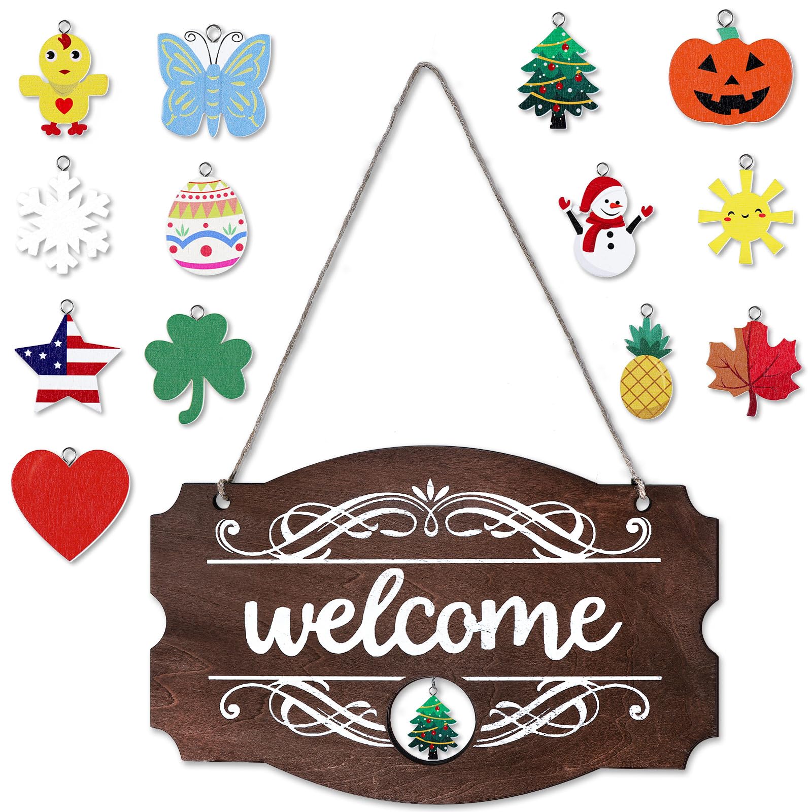 Jetec Interchangeable Winter Holiday Welcome Themed Sign Front Door Decor, Rustic Wood Wall Hanging Outdoor, Farmhouse, Porch for All Seasons(Brown with White Letters)