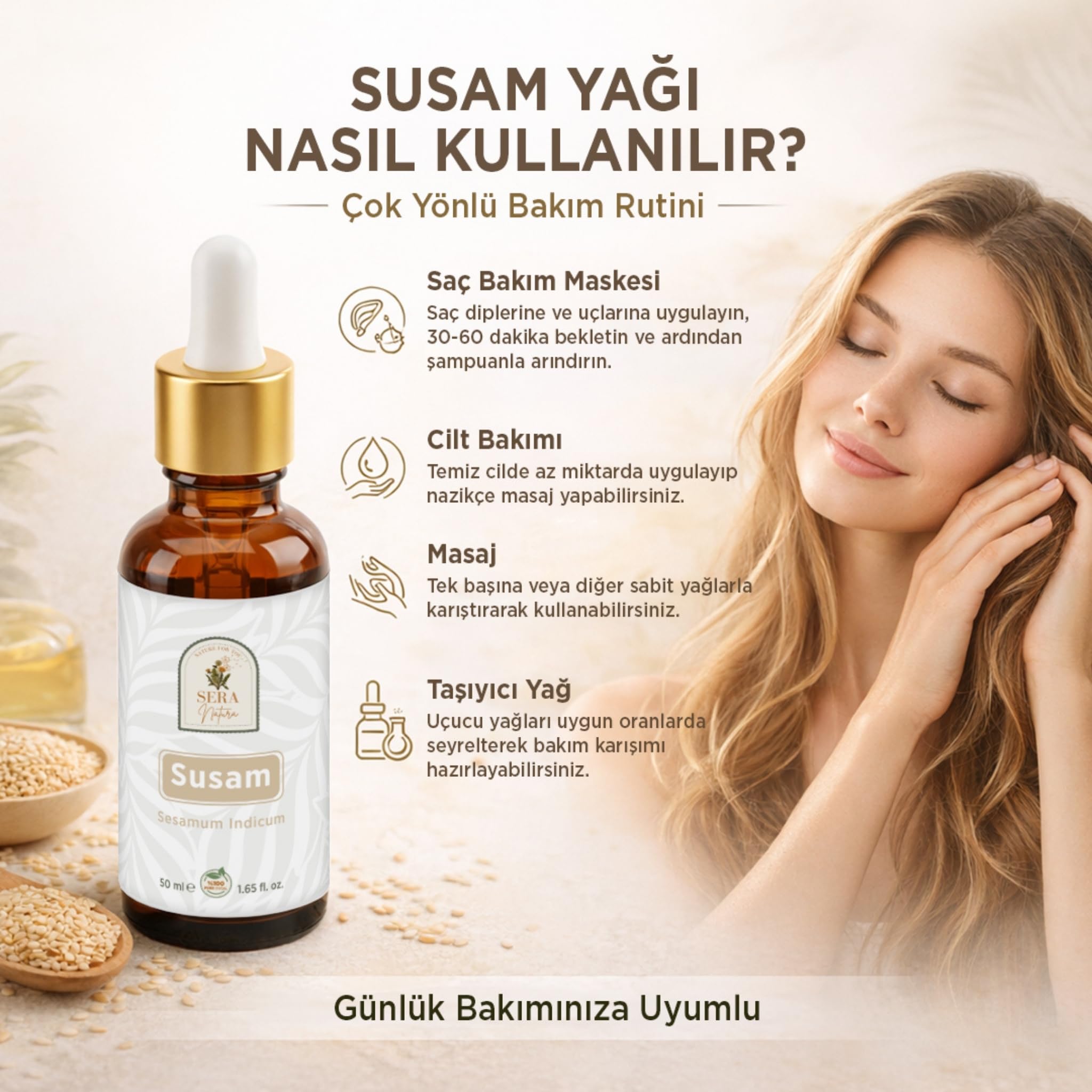 Susam Yağı 50 ml | Soğuk Sıkım,%100 Saf ve Doğal | Saç, Cilt Bakımı, Masaj ve Taşıyıcı Yağ Kullanımına Uygun