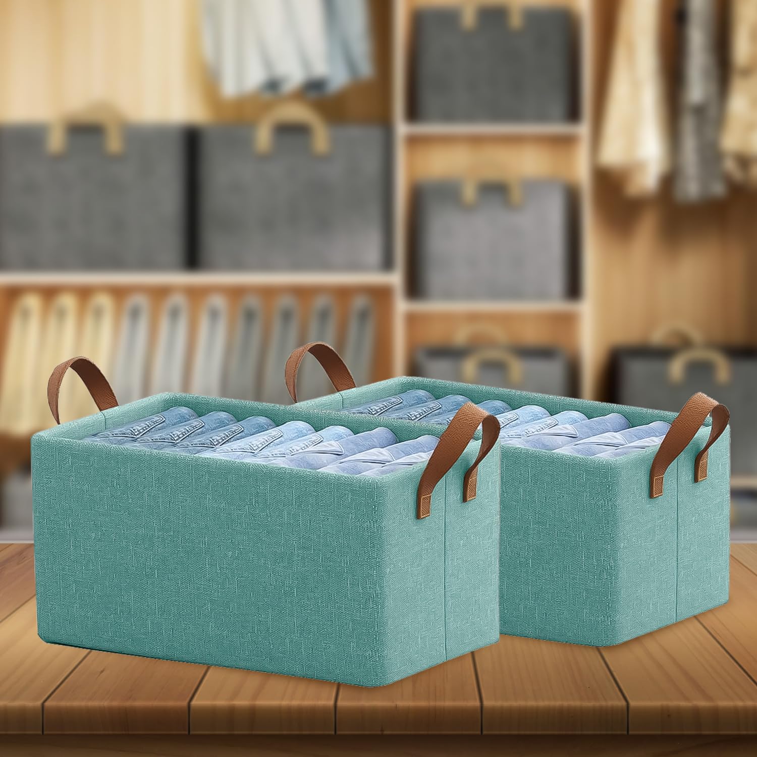 SITTELLA® Polystyrene 2 Piece Foldable Wardrobe Cloth Organizer With Durable Handles,Space Saving Stuff Storage Box Closet Drawer Organizers For Clothes,Toys,Books,Blanket Etc.(Green),47 X 27 X 20 Cm