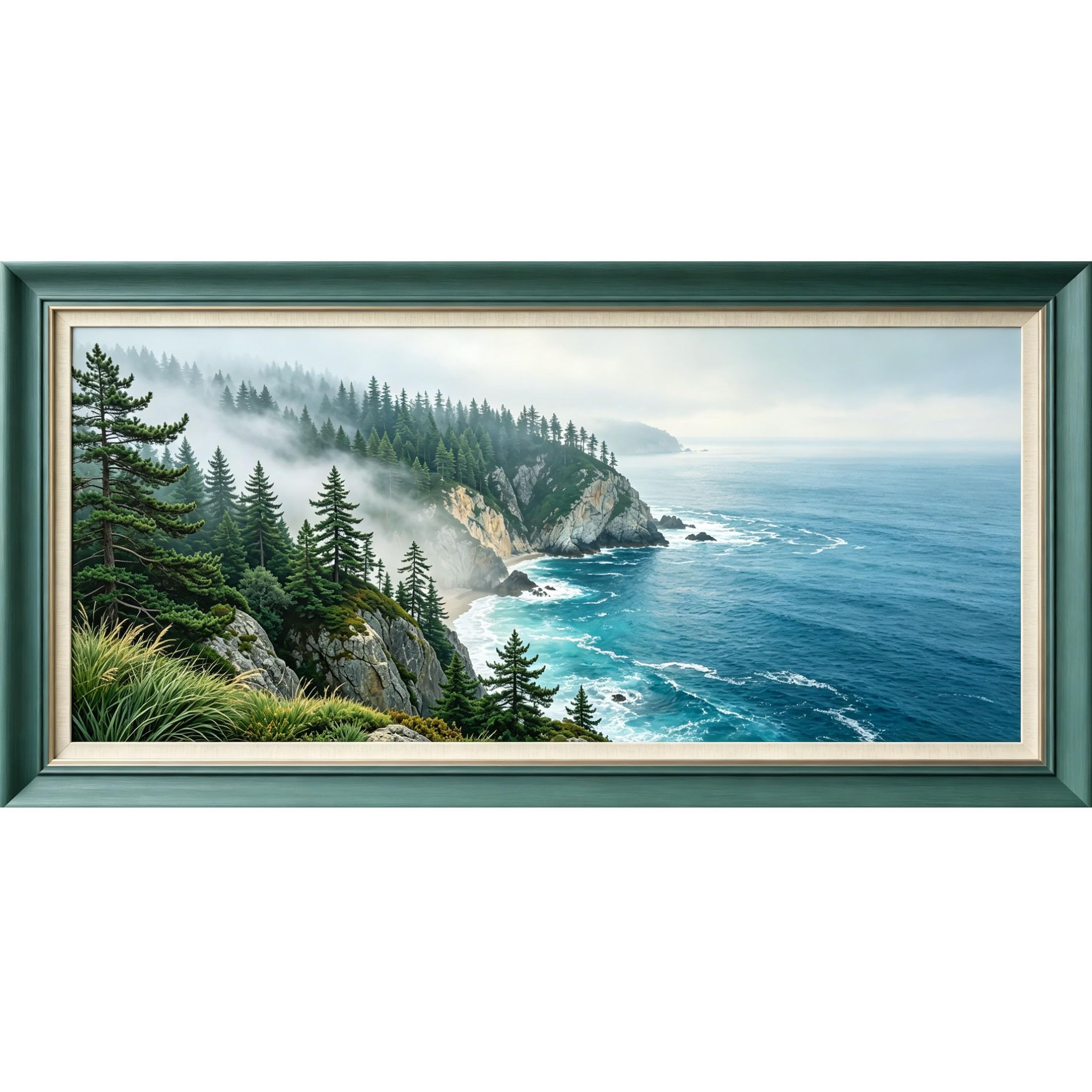 Agglomerix 3D Framed Wall Art Coastal Landscape Misty Pine Forest Ocean Cliff Nature View Large Size SelfAdhesive Removable Wall Decor Prints Artwork for Living Room Bedroom Office