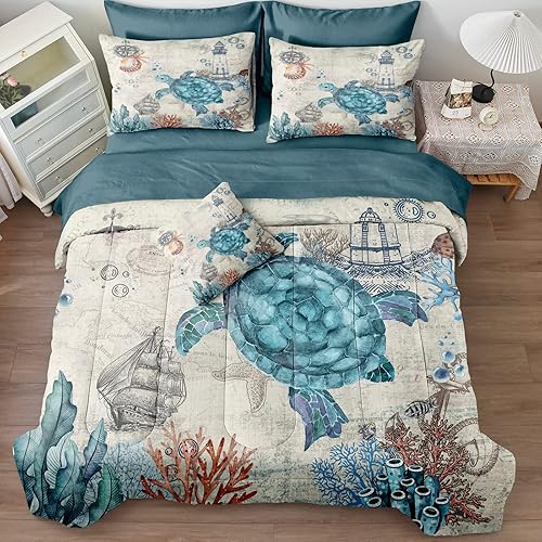 Juego de edredón de tortuga oceánica cama en una bolsa, ropa de cama con temática de playa costera de 8 piezas con 1 edredón, 1 sábana encimera, 1 Juego de edredón de tortuga oceánica cama en una bolsa, ropa de cama con temática de playa costera de 8 piezas con 1 edredón, 1 sábana encimera, 1