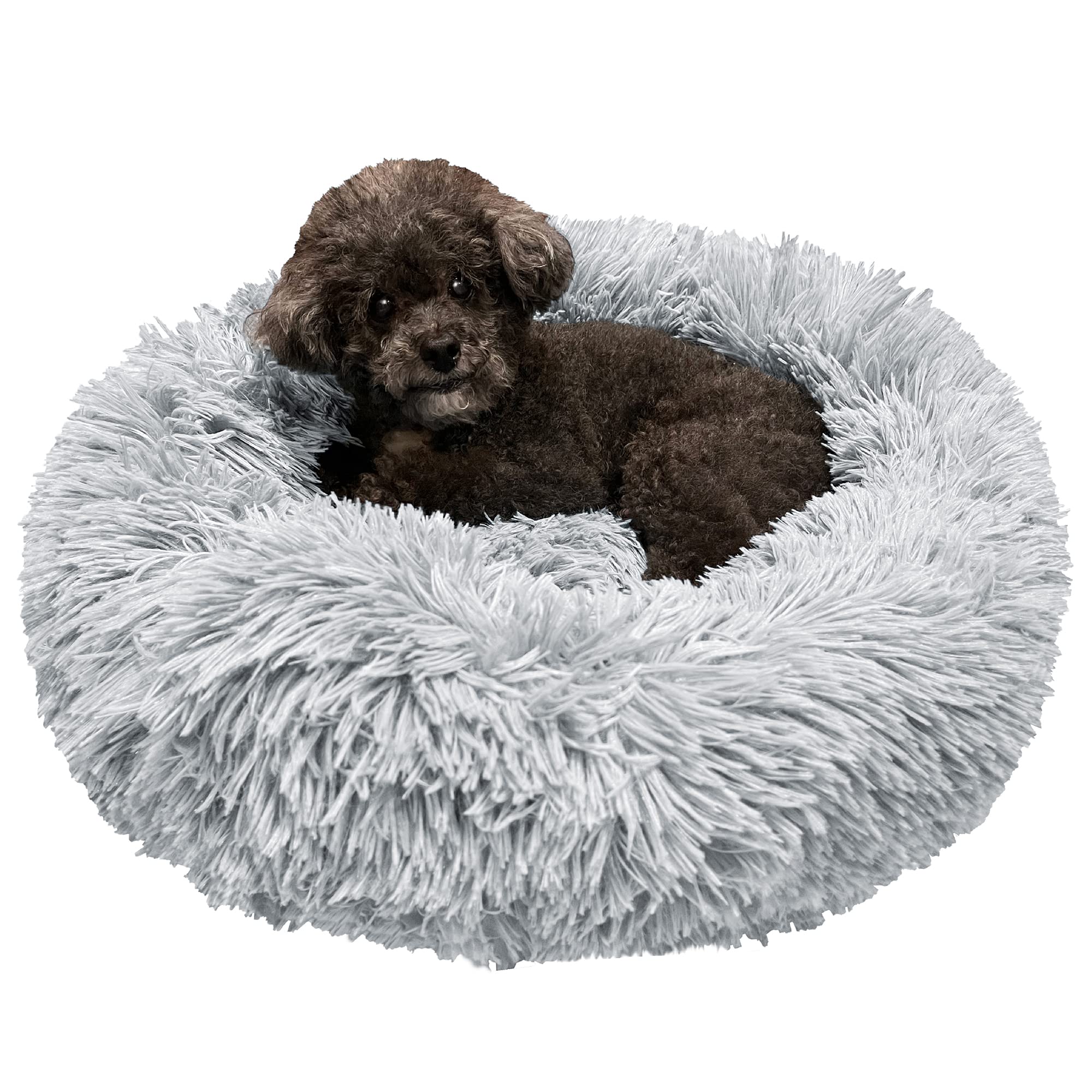 PetAmi Small Calming Dog Bed for Dogs Puppy, Round Washable Pet Bed for Cat Kitten, Anti Anxiety Dog Bed Cuddler for Couch, Fluffy Plush Circular Dog Donut Bed, Fits up to 25 lbs, 23 inch, Light Gray