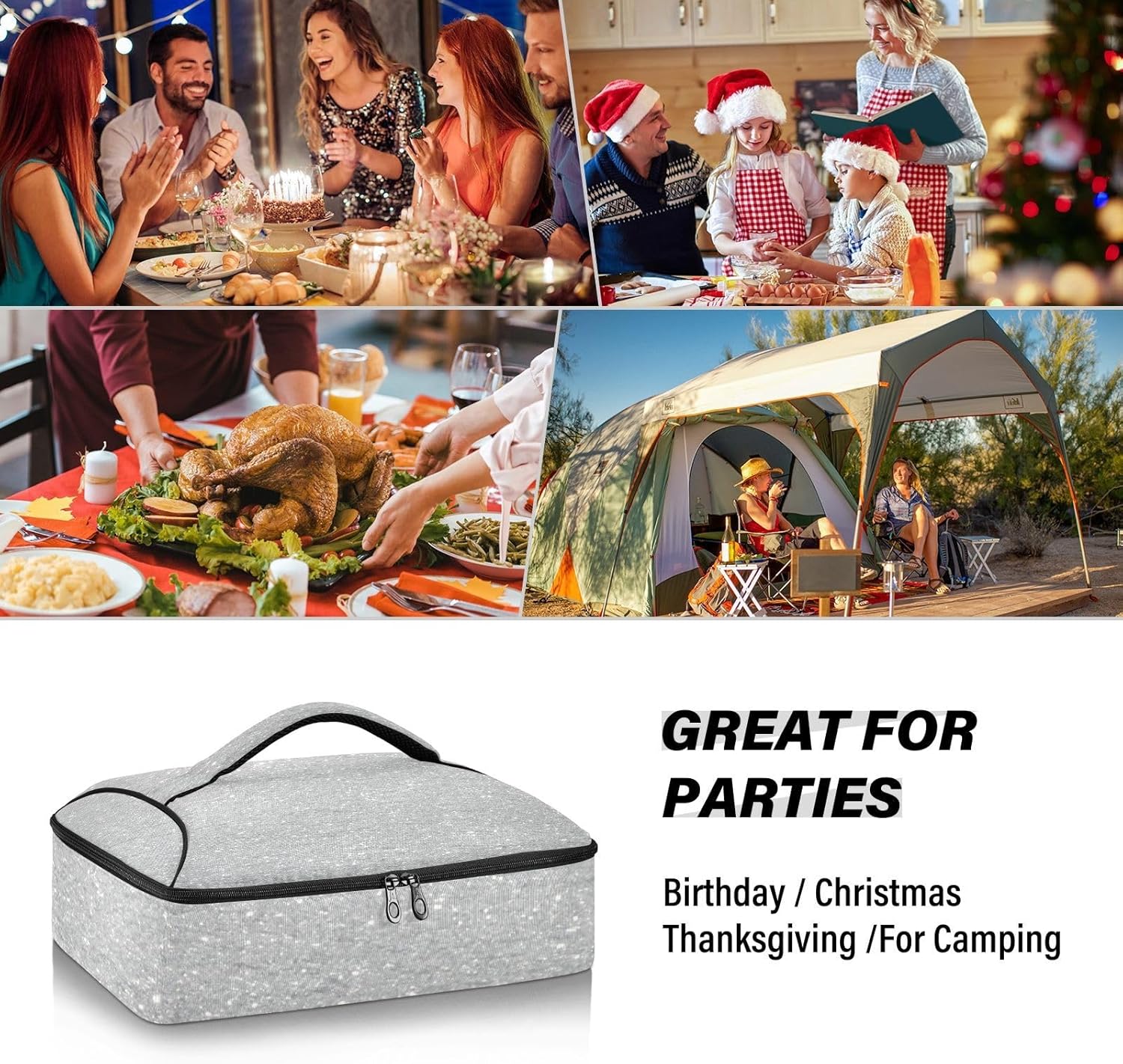 Casserole Carrier Insulated Food Carrier Food Warmer Bag Thermal Baking Dish Carrier Lasagna Holder Lugger Tote Potluck Containers for Picnic Camping Travel Grey Glitter