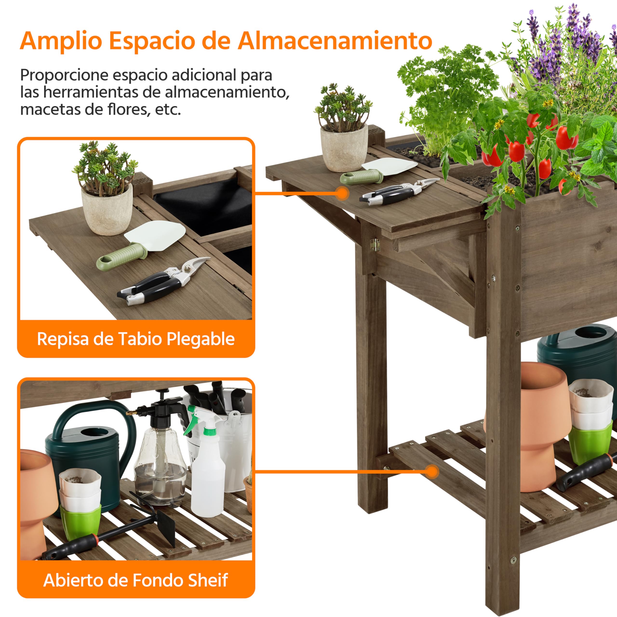 Yaheetech Huerto Urbano con Estante 123,5x54x80cm Macetero Jardinera Elevada de Madera Abeto con Rejillas de Cultivo Extraíbles y Forro Interior de Tela para Jardín/Terraza/Balcón Marrón Oscuro