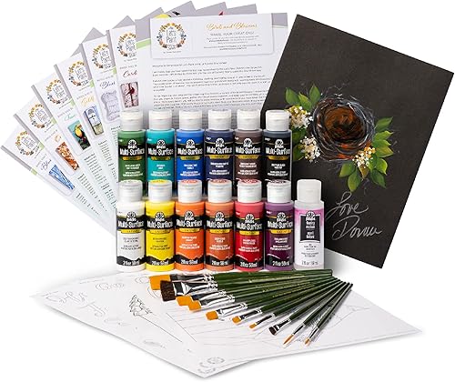 FolkArt One Stroke - Kit de pintura acrílica Birds & Blossoms, juego de 32 piezas que incluye 12 pinturas multisuperficie FolkArt de 2 onzas